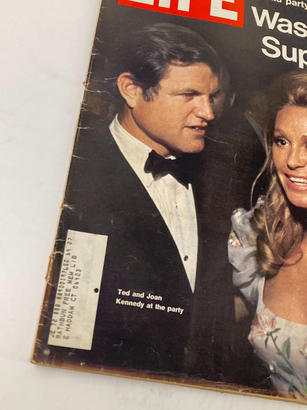 Close-up of the cover of VTG Life Magazine June 11, 1971, detailing Ted and Joan Kennedy at the party, highlighting vintage magazine condition and historical significance.