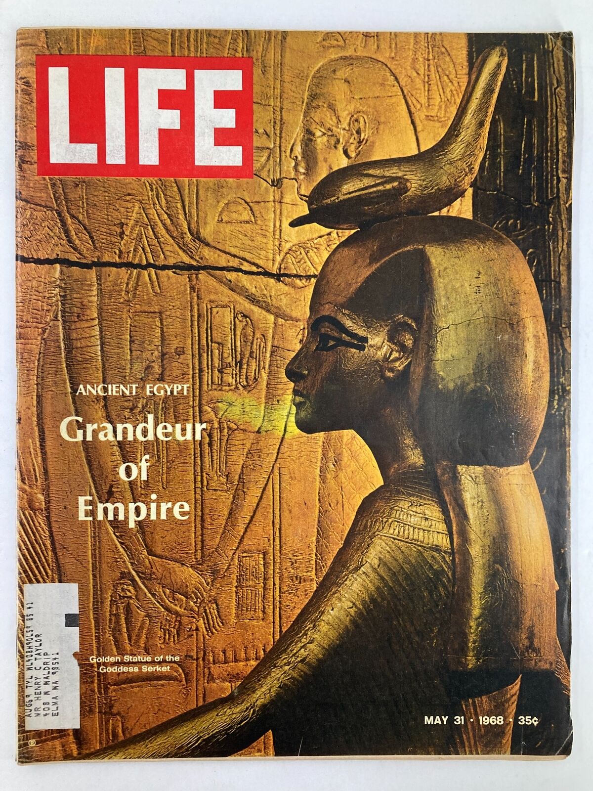 Cover of VTG Life Magazine from May 31, 1968, featuring a close-up of an ancient Egyptian statue, labeled 'Ancient Egypt: Grandeur of Empire.' This vintage magazine explores the history and architecture of ancient Egypt.