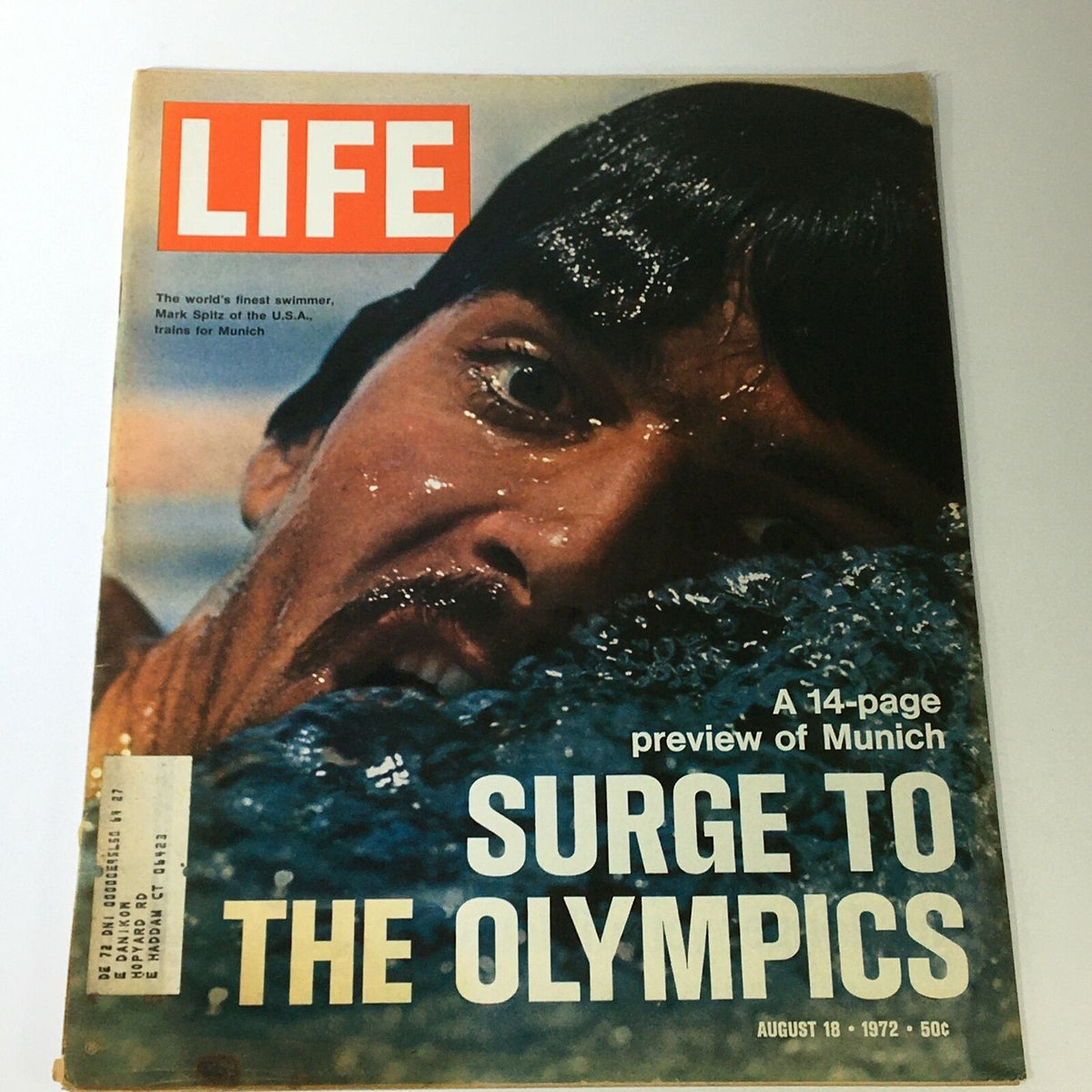 VTG Life Magazine August 18 1972 featuring cover photo of swimmer Mark Spitz, showcasing his prowess with the headline 'SURGE TO THE OLYMPICS' and details about training for the Munich Games.