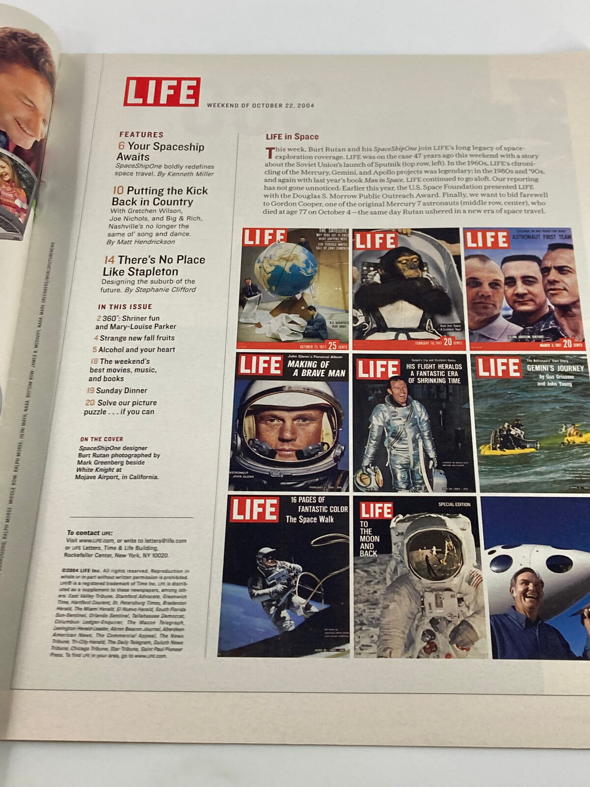 Life Magazine newspaper insert featuring Rocketman Burt Rutan, dated October 22, 2004, highlighting space exploration and aviation innovation.