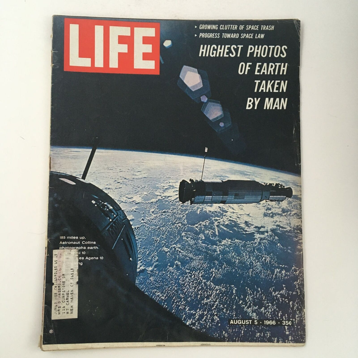 Life Magazine August 5 1966 cover featuring astronaut Michael Collins capturing Earth from space, highlighting significant historical moment in the space race.
