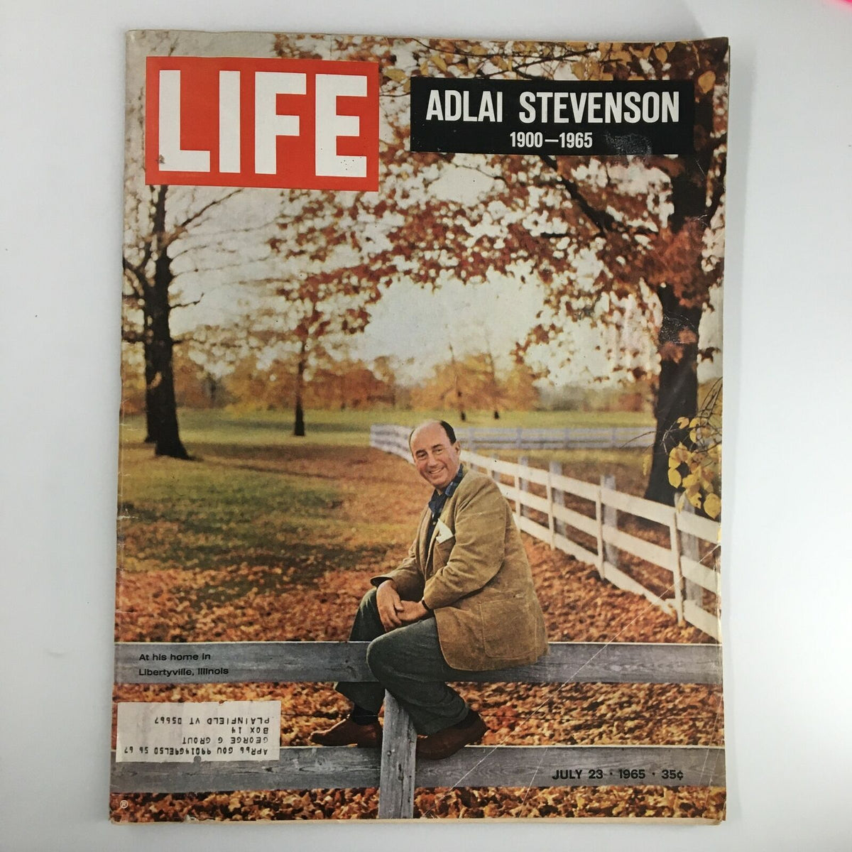 VTG Life Magazine July 23 1965 cover featuring Adlai Stevenson, showcasing him seated on a fence surrounded by autumn foliage.
