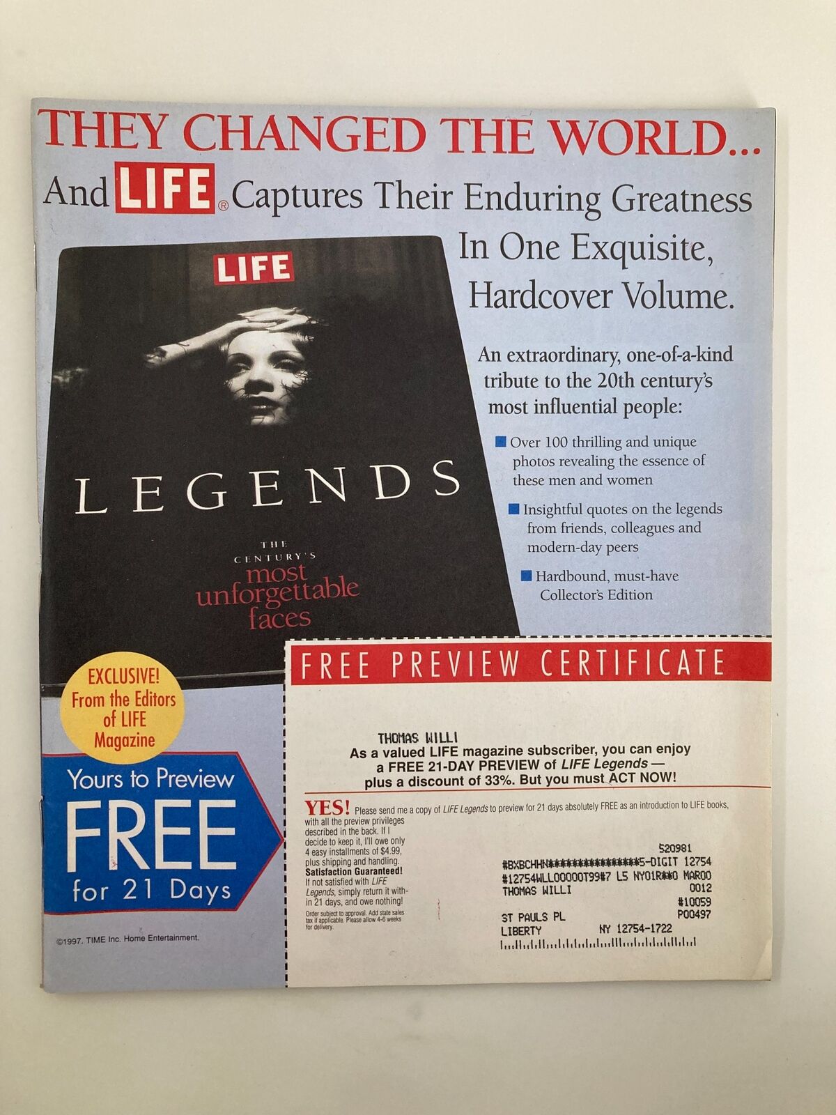 Cover of Life Magazine September 1997 featuring Oprah Winfrey, with text highlighting influential legends, including a preview certificate offer for Life Legends book.