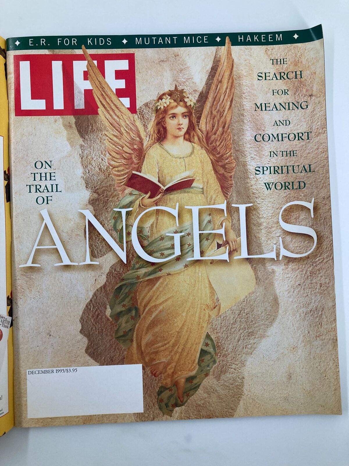 Cover of Life Magazine December 1995, titled 'On The Trail of Angels,' featuring an angelic figure reading a book, symbolizing the search for meaning and comfort in the spiritual world.
