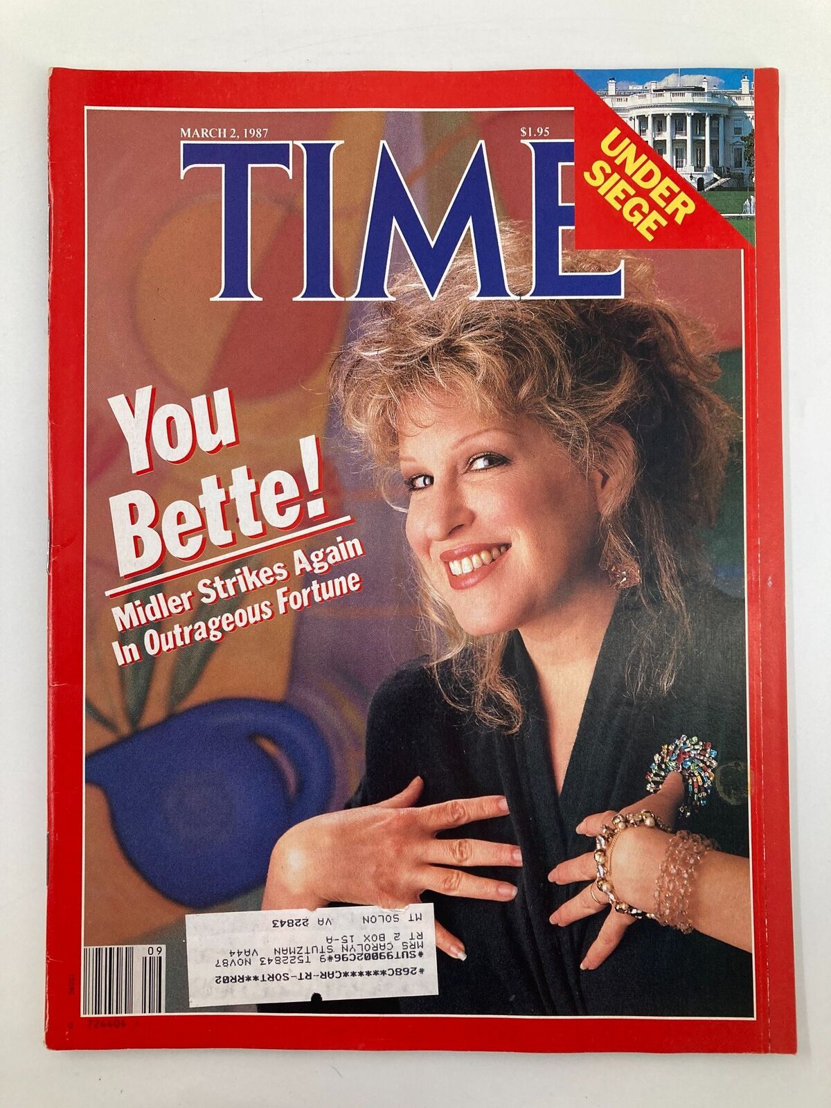 Cover of VTG Time Magazine from March 2, 1987 featuring Bette Midler with the headline 'You Bette! Midler Strikes Again In Outrageous Fortune'. The magazine highlights Bette Midler's charisma and talent during the late 80s.