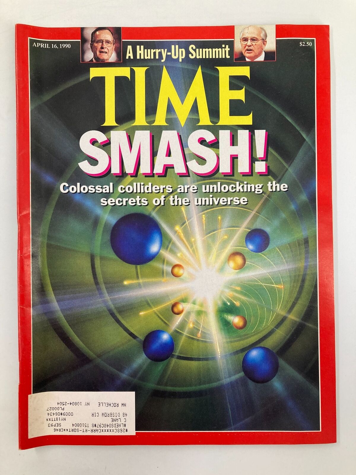 Cover of VTG Time Magazine from April 16, 1990, titled 'SMASH!' featuring the headline 'Colossal colliders are unlocking the secrets of the universe,' depicting colorful atomic particles and a dynamic background.
