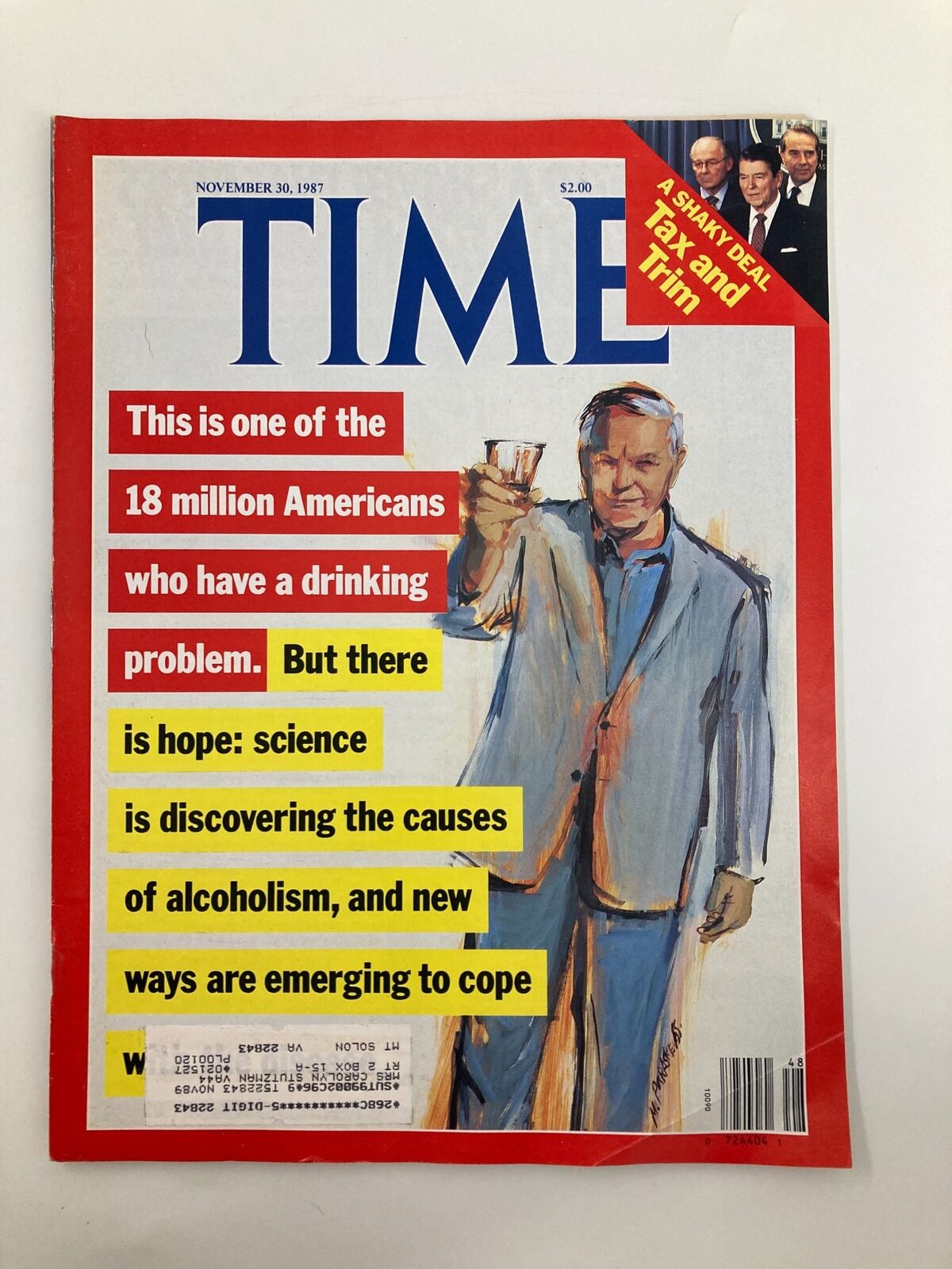 Cover of VTG Time Magazine from November 30, 1987, featuring an illustration of a man holding a glass, discussing alcoholism and scientific advancements in understanding its causes.