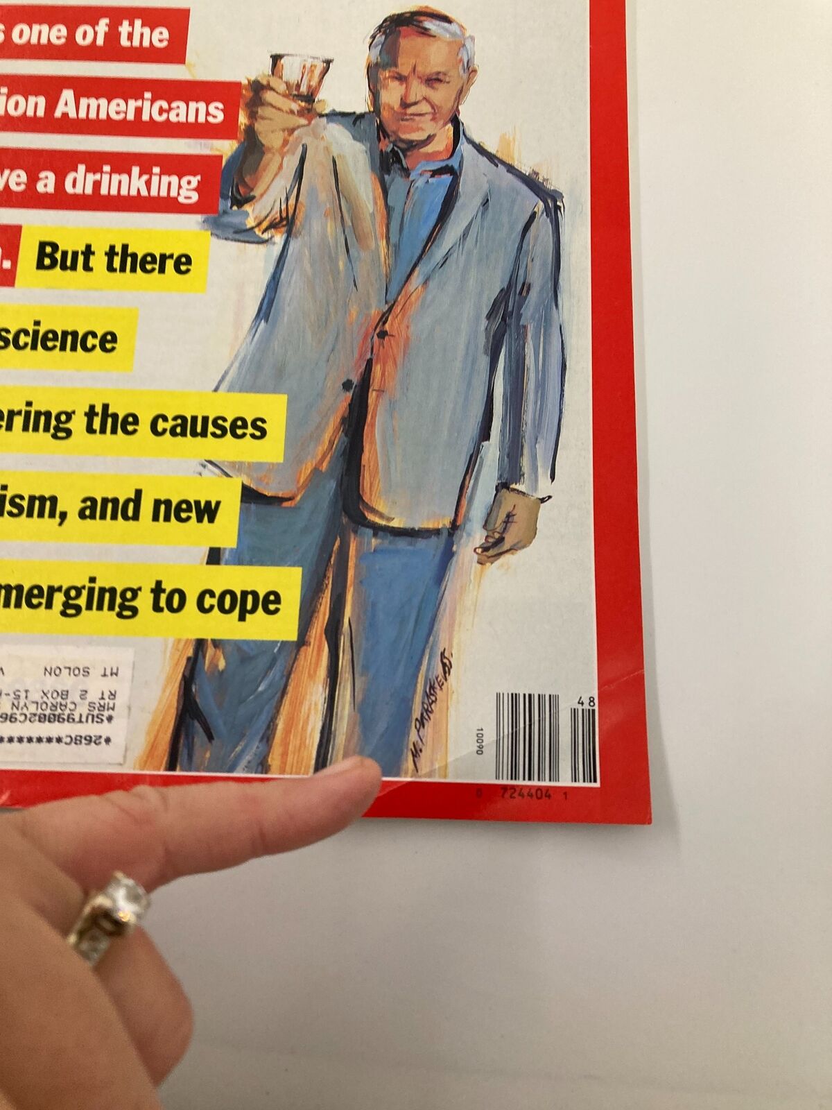Close-up of the cover of VTG Time Magazine from November 30, 1987, highlighting the statement about 18 million Americans with drinking problems, with an illustration and bold text about understanding alcoholism.