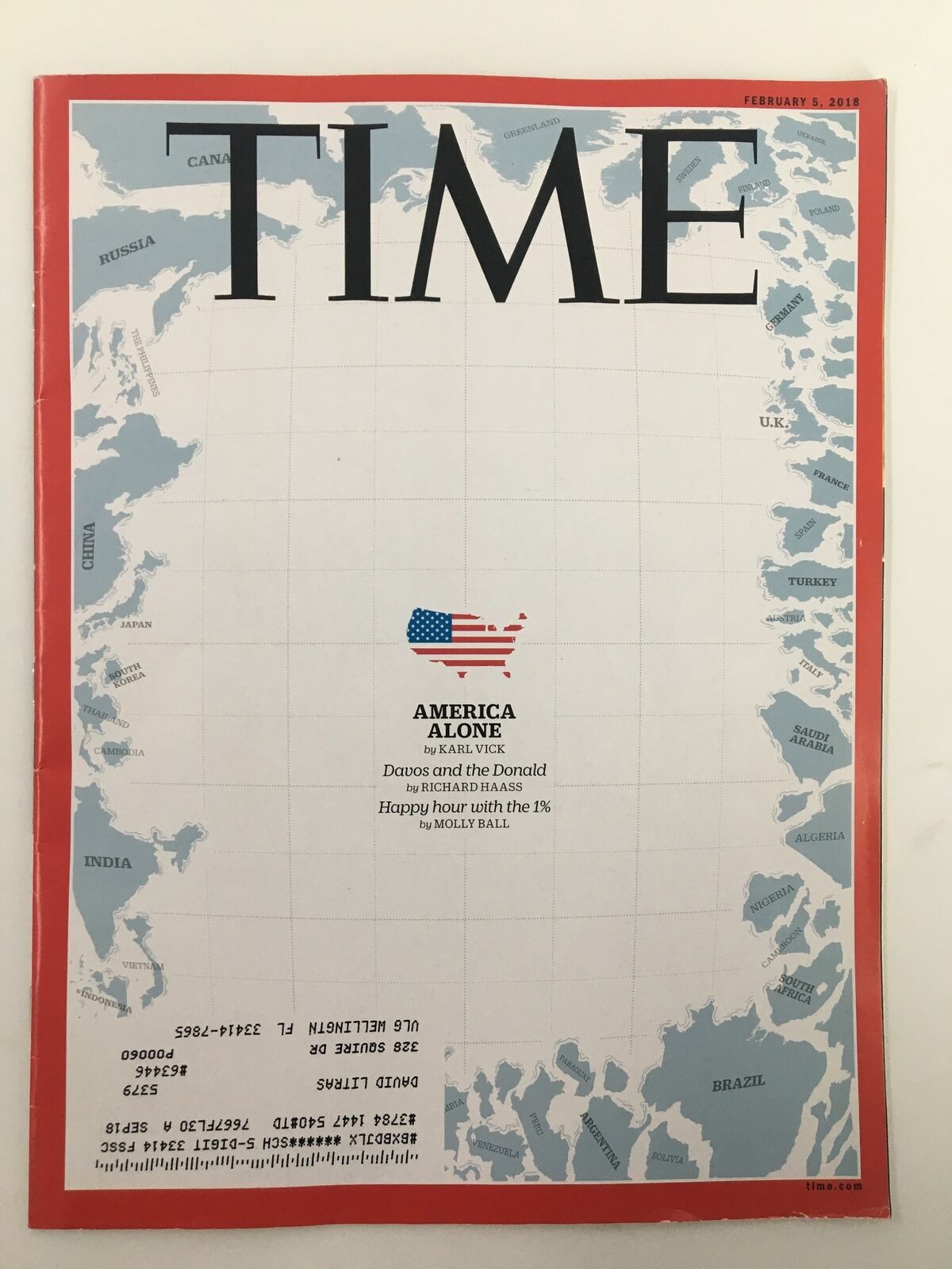 Cover of Time Magazine February 5, 2018 featuring the title America Alone and Davos and the Donald, showcasing a map with a focus on geopolitical themes.