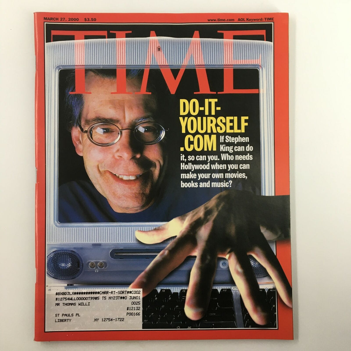 Cover of Time Magazine from March 17, 2000, featuring the title 'Do-It-Yourself.com: If Stephen King can do it, so can you.' The cover illustrates a creative representation of DIY culture with a computer screen and a hand reaching out, symbolizing empowerment and the burgeoning DIY movement.