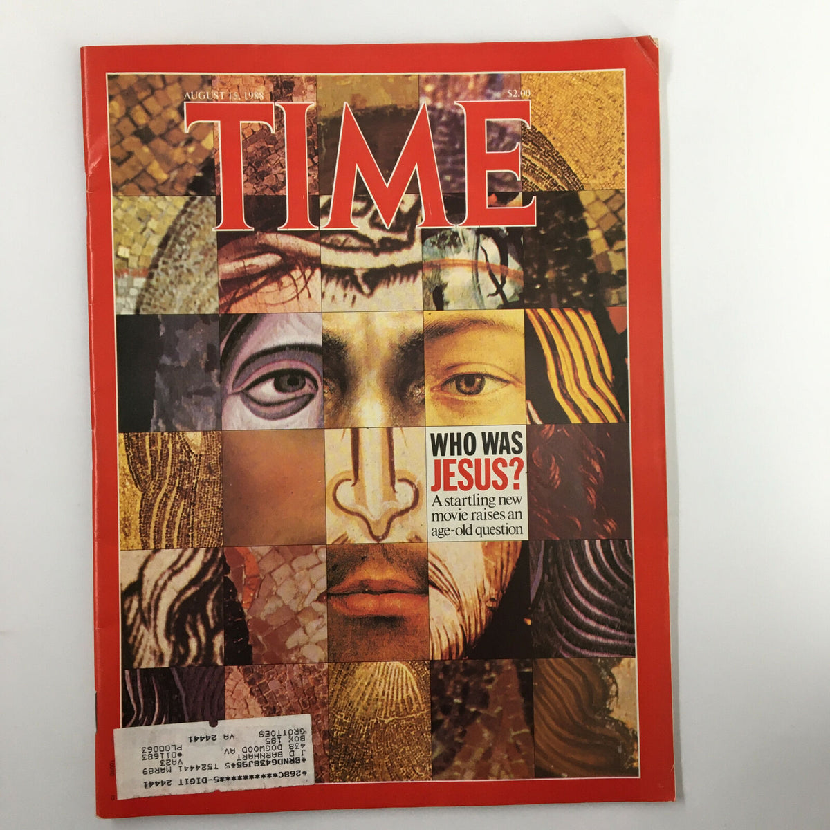 VTG Time Magazine August 15 1988 cover featuring the title 'Who Was Jesus? A startling new movie raises an age-old question' with a collage of historical art resembling various faces.