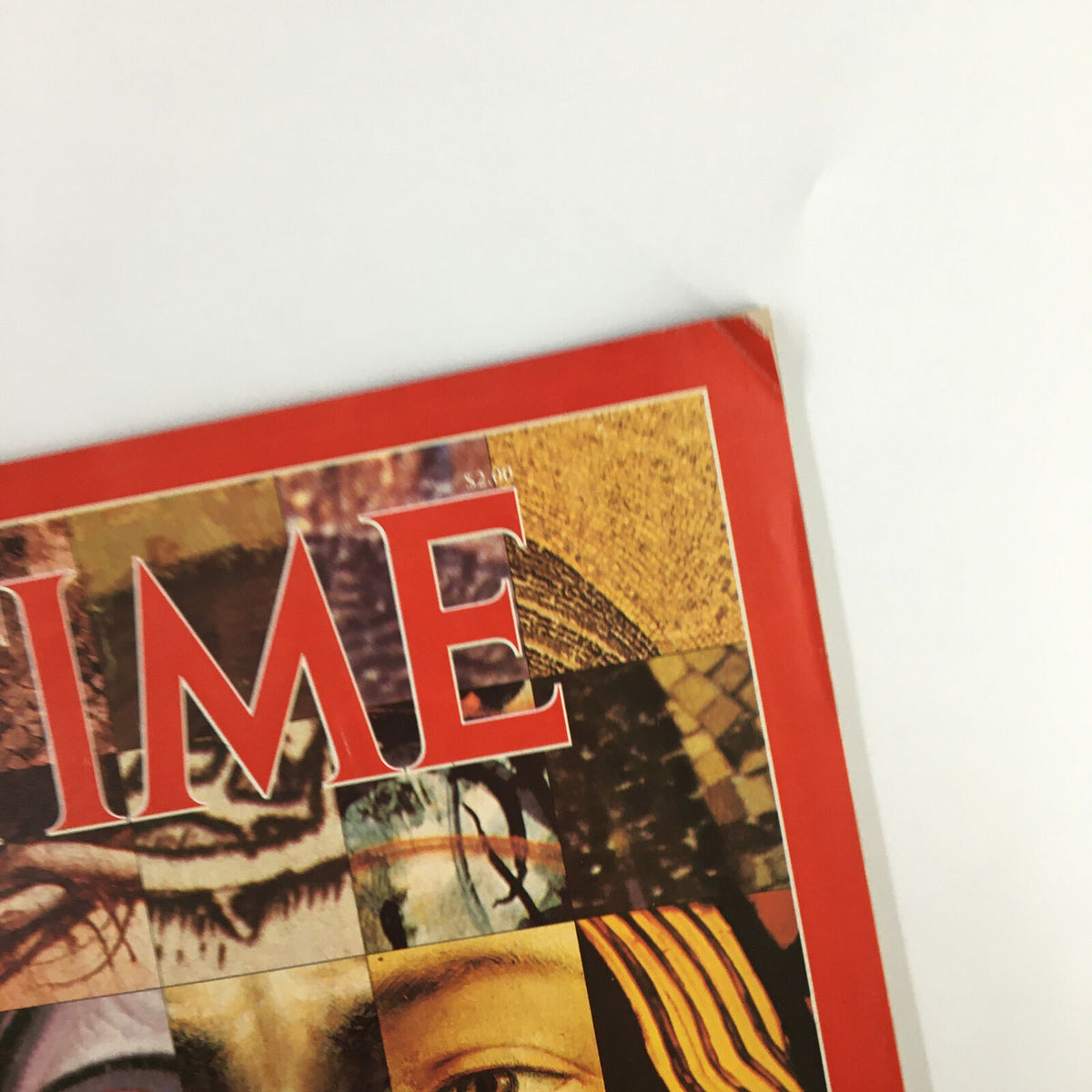 Close-up of the top corner of the VTG Time Magazine August 15 1988 cover showing the title 'TIME' and a mosaic background of art pieces.