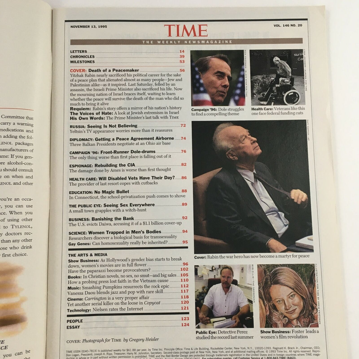 Time Magazine November 13 1995 featuring Yitzhak Rabin, including article listings and images about significant political events and figures from that time.