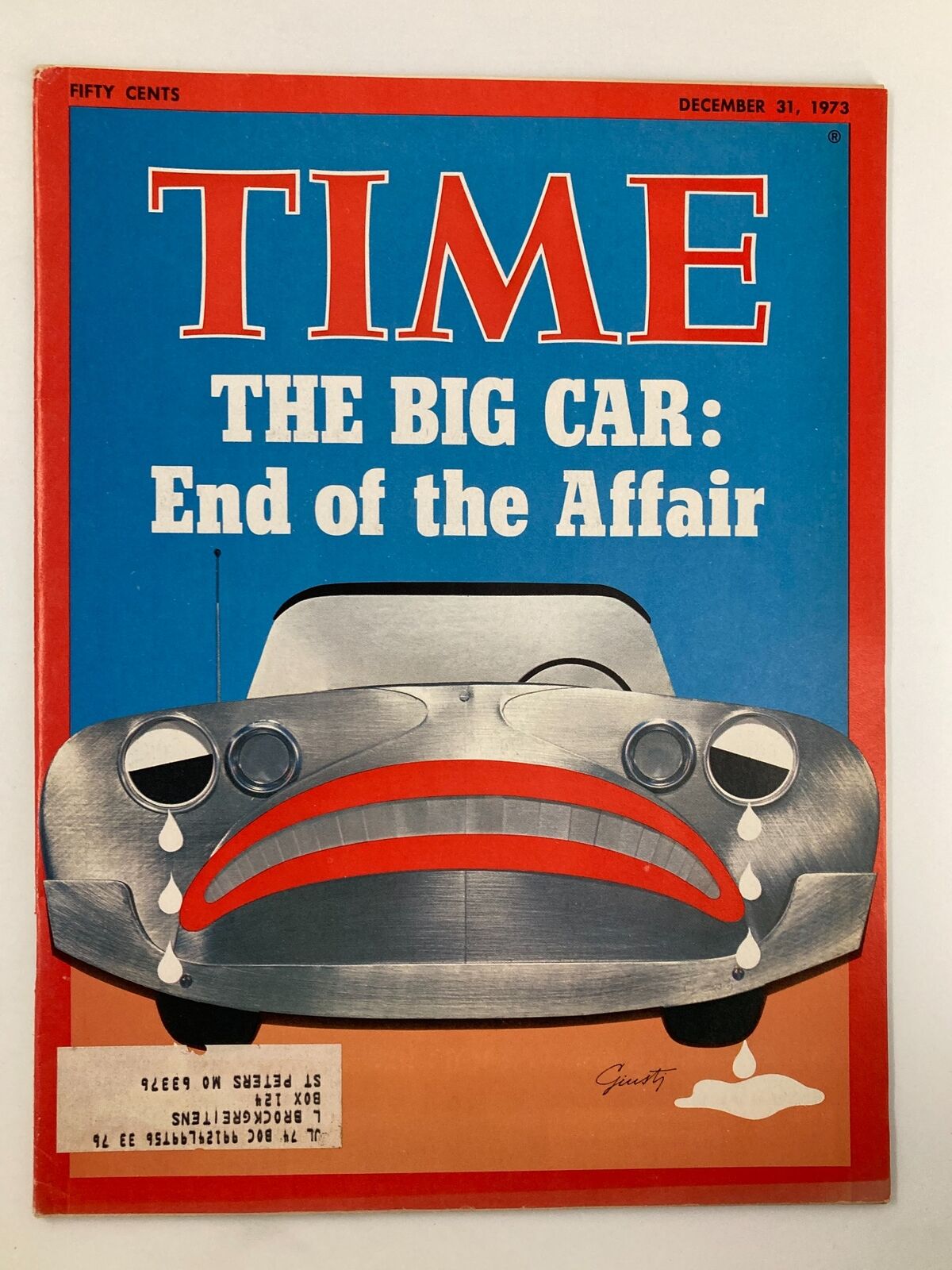 Cover of Time Magazine dated December 31, 1973 featuring the title 'The Big Car: End of the Affair'. The cover illustrates a stylized car with a sad expression, reflecting the changing attitudes towards automobiles during that era. This vintage magazine captures a pivotal moment in automotive history.