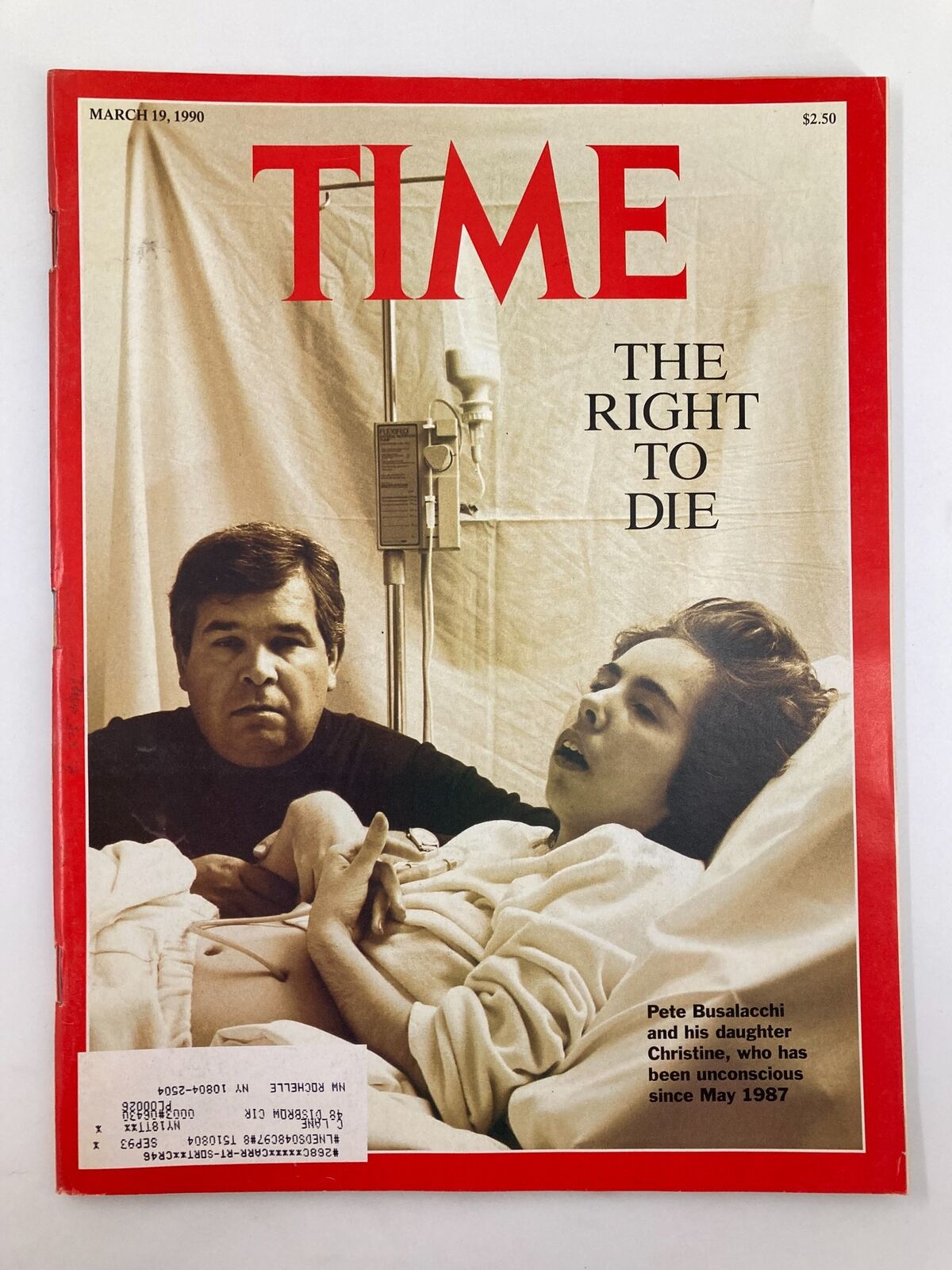 VTG Time Magazine March 19 1990 featuring Pete Busalacchi and his daughter Christine, highlighting the cover story 'The Right to Die'. The magazine cover displays a poignant image of Pete and Christine in a hospital setting, capturing a moment related to significant societal discussions in 1990.