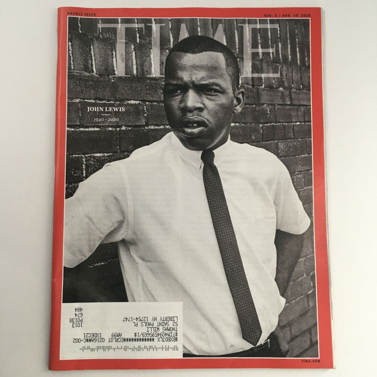 Cover of Time Magazine August 3-10 2020 featuring a portrait of civil rights leader John Lewis, commemorating his life from 1940 to 2020. This special double issue pays tribute to his contributions and legacy.