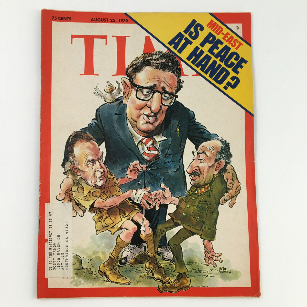 Cover of Time Magazine dated August 25, 1975, featuring the headline 'Is Peace at Hand?' with a caricature illustration related to Middle Eastern politics and figures, reflecting on Richard Nixon's influence in international relations.