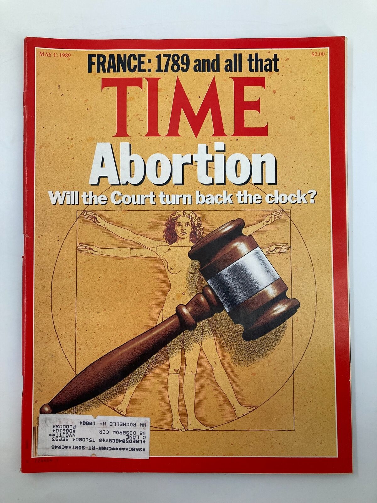 Cover of VTG Time Magazine from May 4, 1989, featuring the title 'Abortion: Will the Court Turn Back the Clock?' with an illustration of a gavel and a historical figure background.