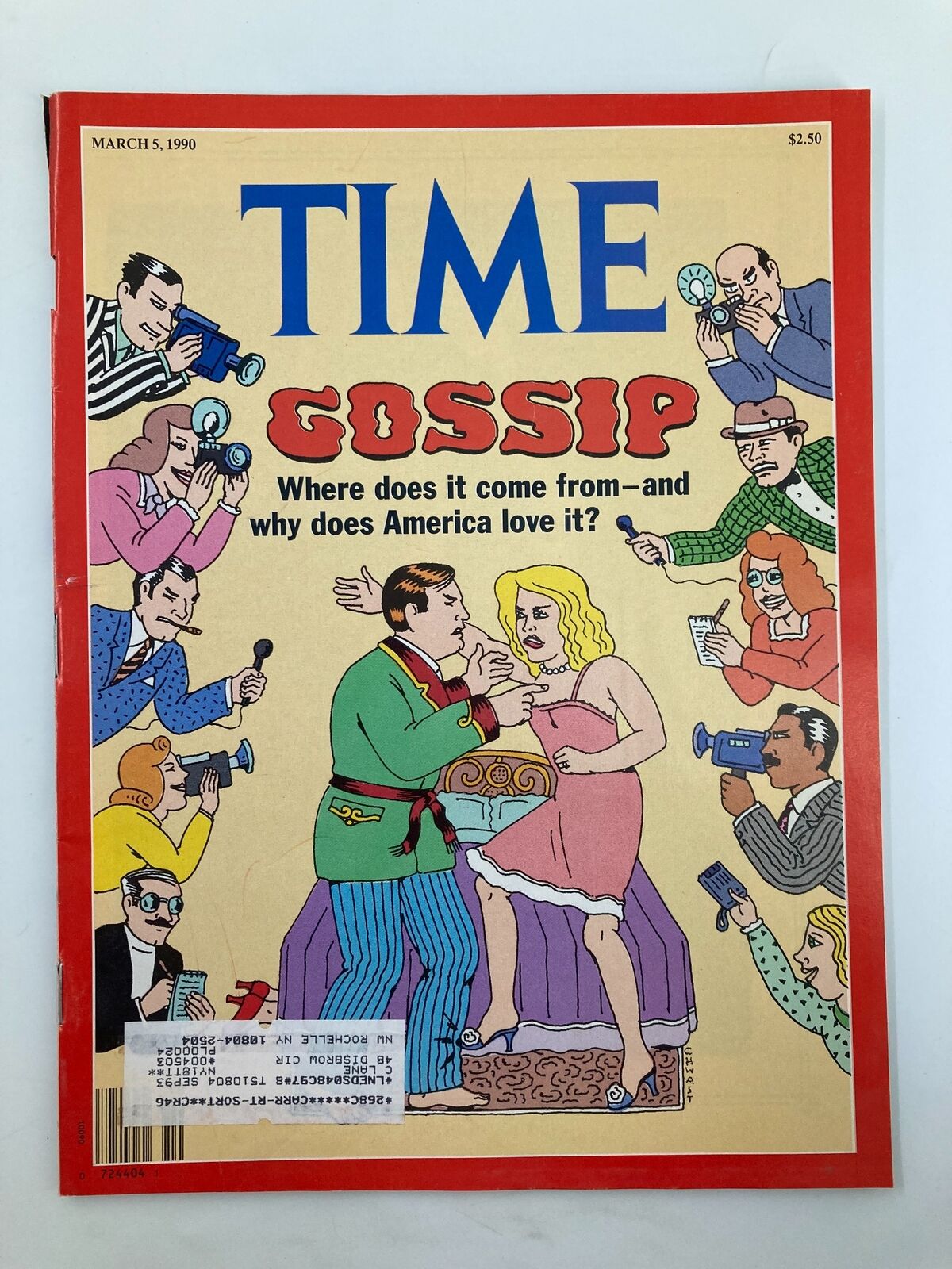 VTG Time Magazine March 5 1990 cover featuring a vibrant illustration related to the theme 'Gossip: Where Does It Come From?'. The cover depicts various characters engaged in gossip activities, illustrating American culture's fascination with news and rumors.