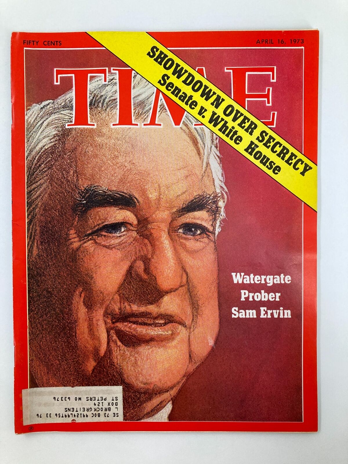 VTG Time Magazine April 16 1973 cover featuring Watergate Prober Sam Ervin, showcasing the headline 'Showdown Over Secrecy: Senate v. White House'.