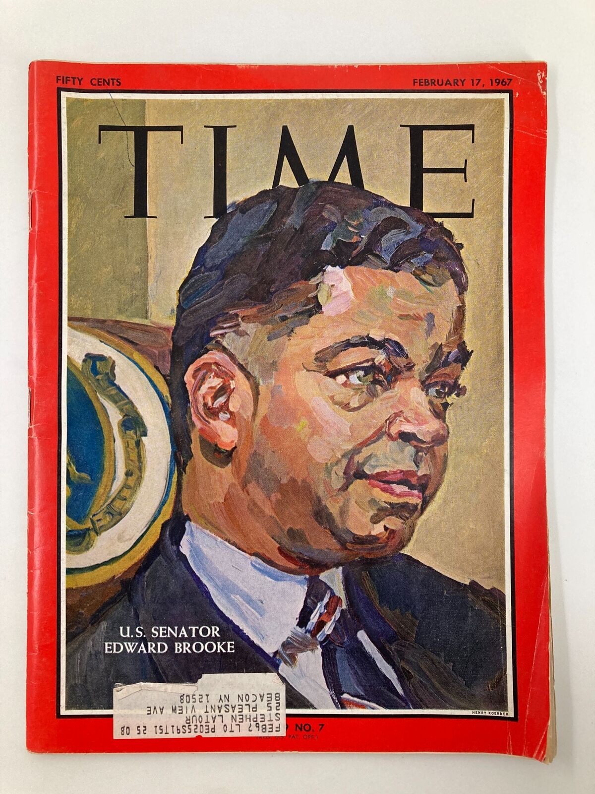 VTG Time Magazine February 17 1967 Edition featuring U.S. Senator Edward Brooke on the cover, showcasing his portrait in a historical context.