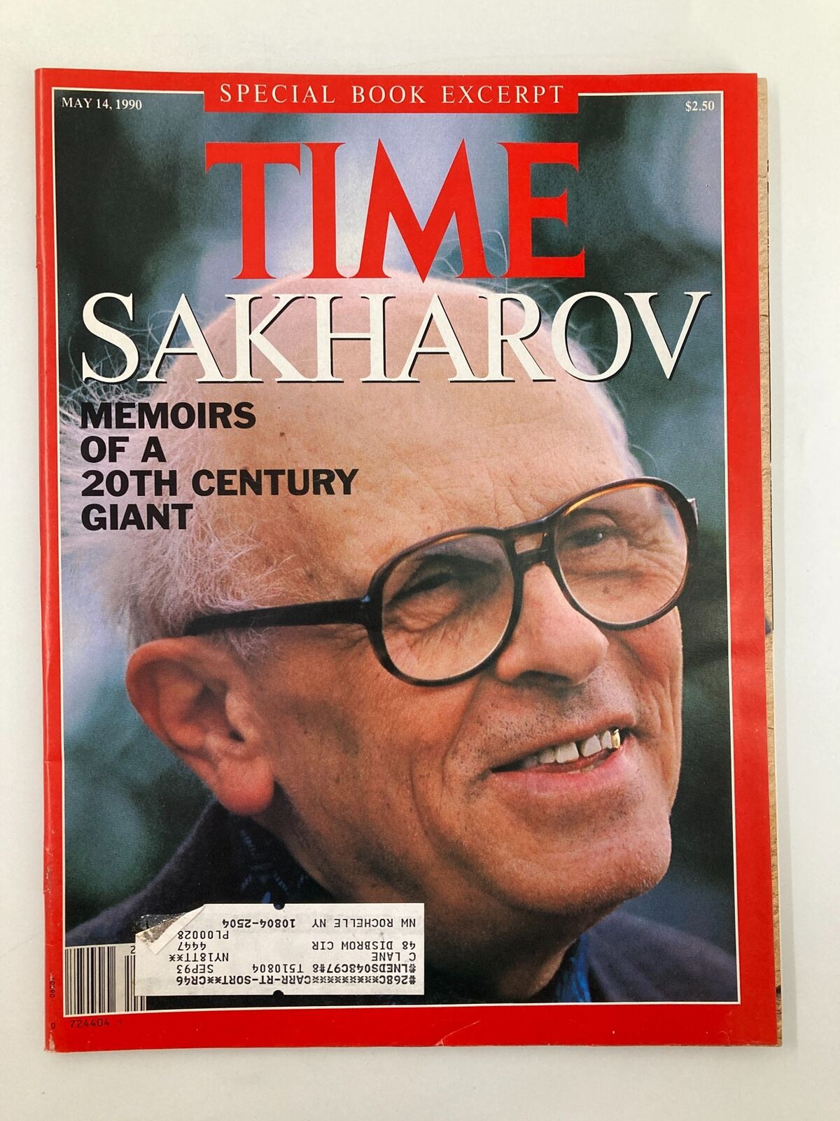 Vintage Time Magazine from May 14, 1990 featuring Andrei Sakharov on the cover, highlighting his memoirs as a significant figure of the 20th century.