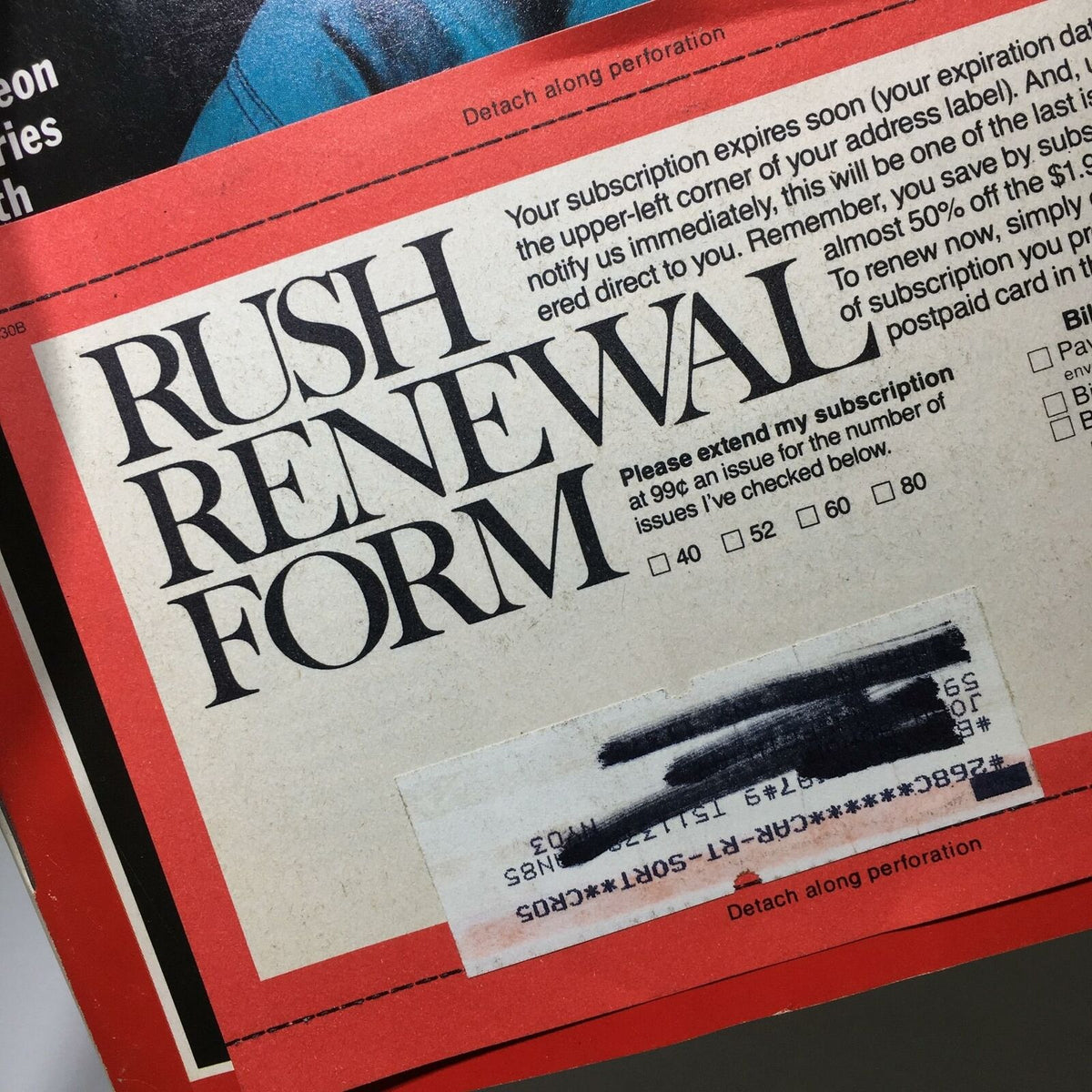 Image of the Rush Renewal Form included in the December 10, 1984, issue of Time Magazine, related to subscription renewal.