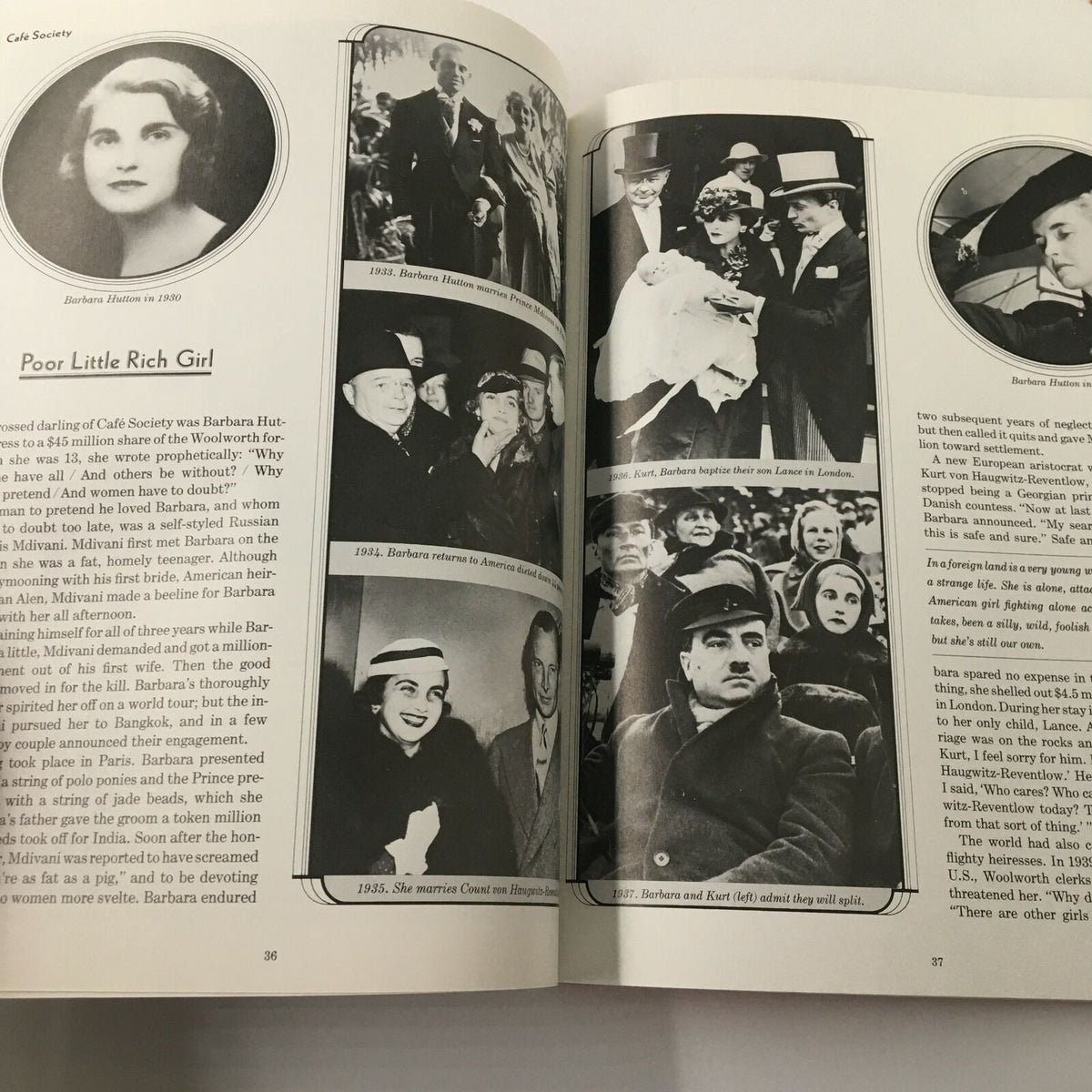 Inside pages of 1988 Time Life Books: The Fabulous Century - Barbara Hutton featuring photographs and articles detailing the life of Barbara Hutton and her social experiences.