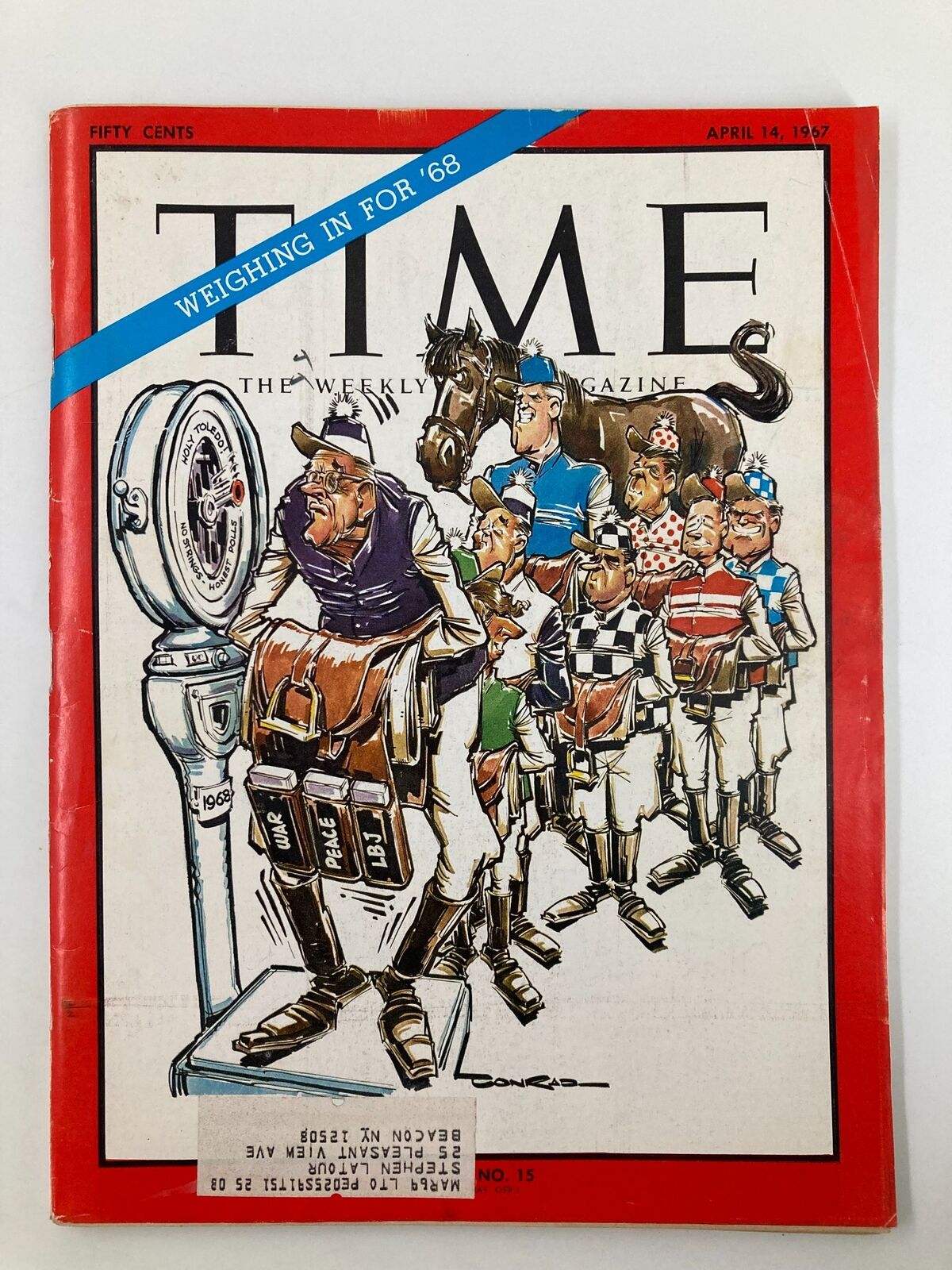 Cover of VTG Time Magazine April 14 1967, Vol 89 #15, titled 'Weighing in For The Year 1968', featuring a humorous illustration related to political and social themes of the era.