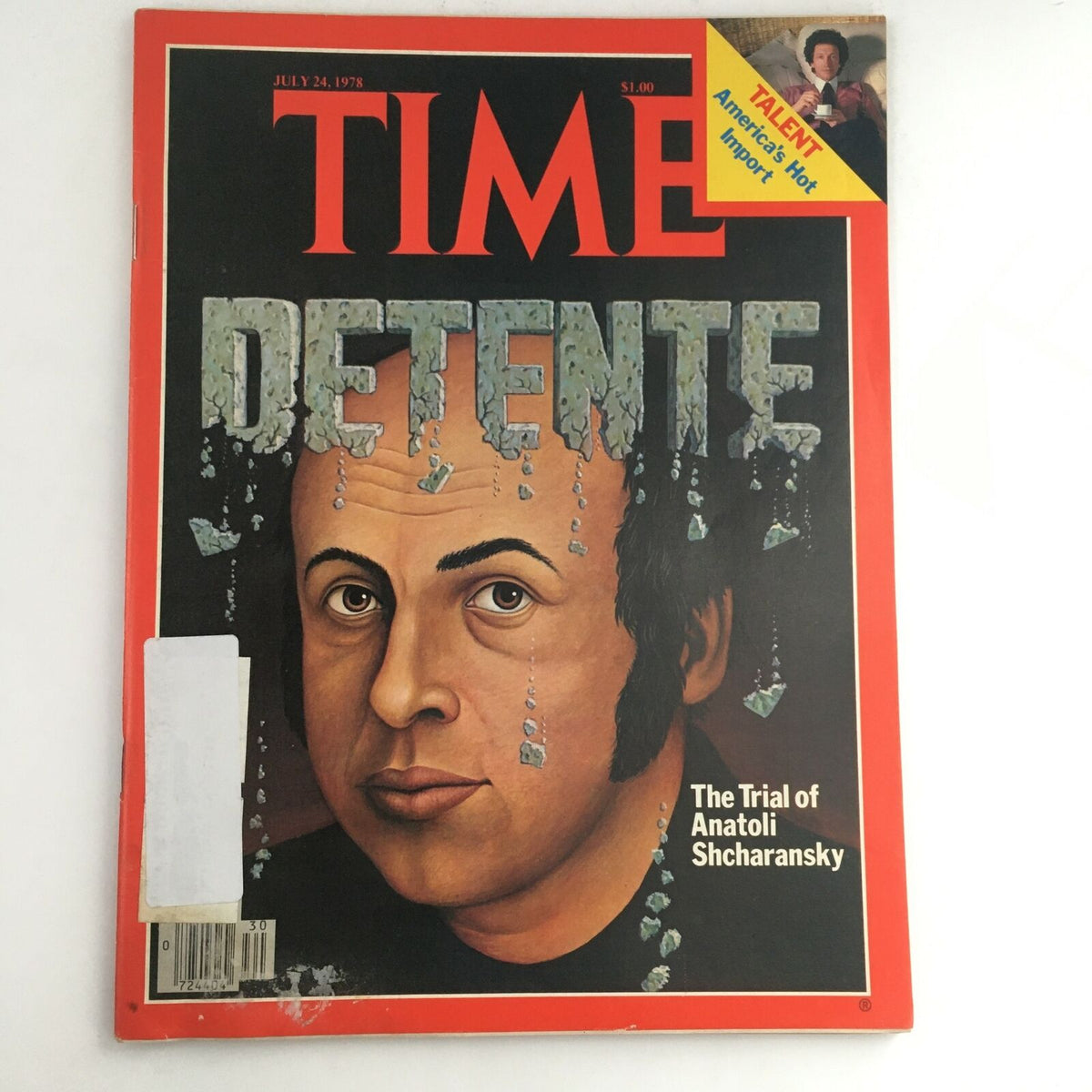 Time Magazine July 24 1978 Cover featuring Anatoli Shcharansky's trial, with the headline 'DETESTE' prominently displayed and an illustration of a man's face depicting the period's oppression.