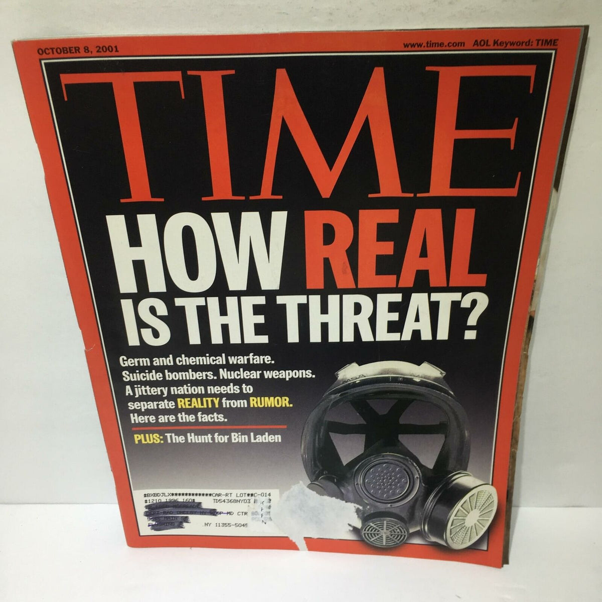Time Magazine cover from October 8, 2001 titled 'How Real Is The Threat? Germ & Chemical Warfare', featuring imagery related to biological and chemical warfare.