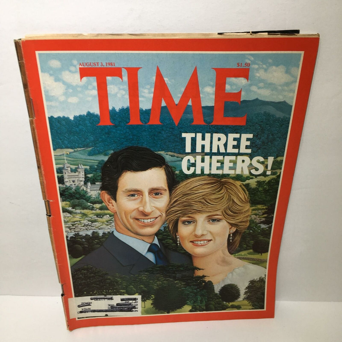 Time Magazine cover from August 3, 1981, featuring a portrait of Prince Charles and Diana with the title 'Three Cheers!'. The backdrop displays a scenic landscape.