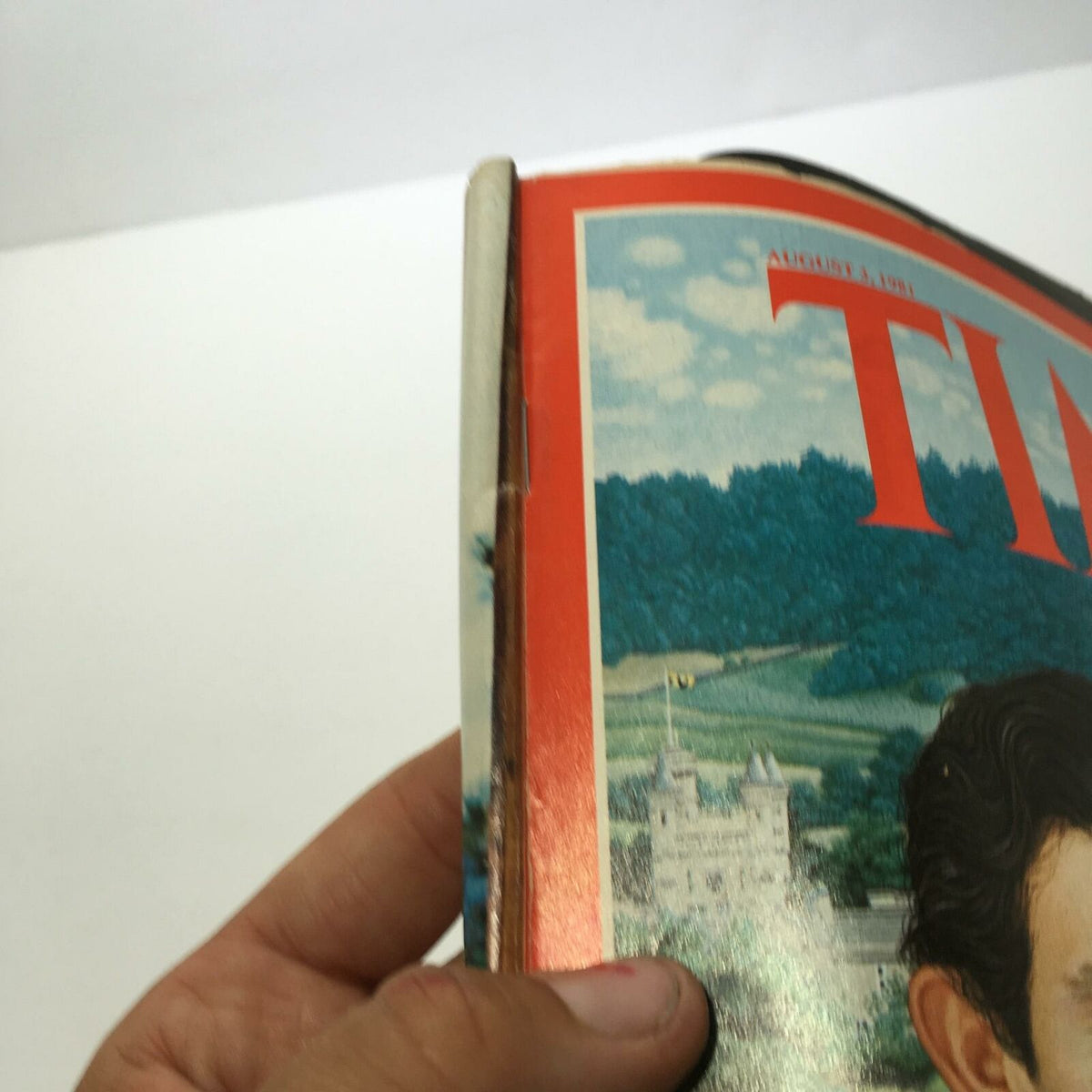Close-up view of the spine of Time Magazine August 3, 1981 edition featuring Prince Charles and Diana, showing mild wear and binding condition.