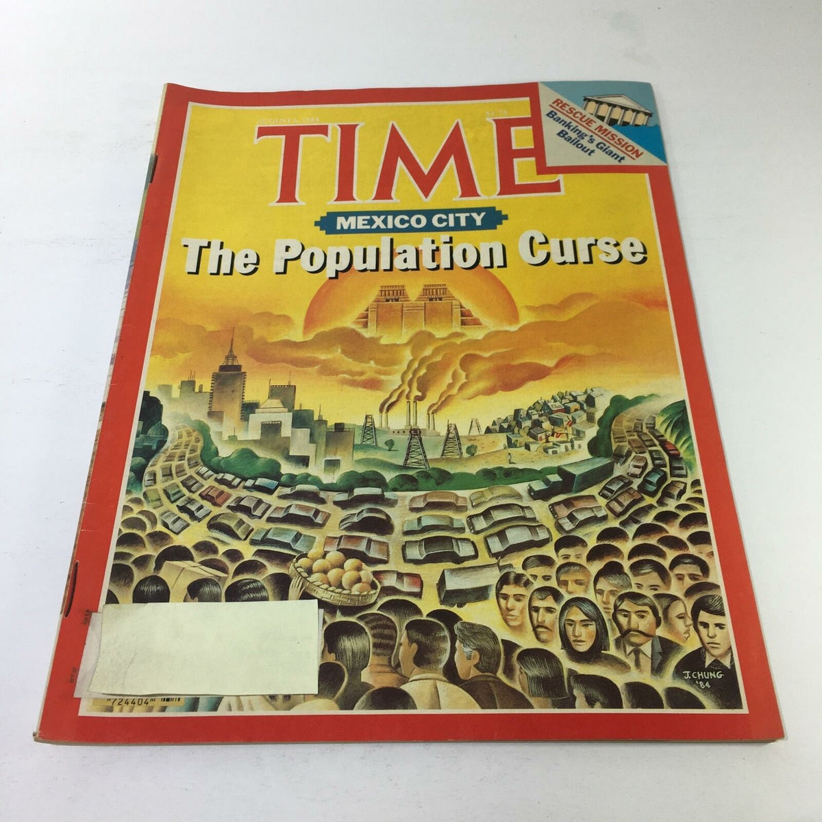 Cover of Time Magazine from August 6, 1984, featuring the title 'Mexico City: The Population Curse', depicting a colorful illustration representing overpopulation with urban landscapes and crowded streets.