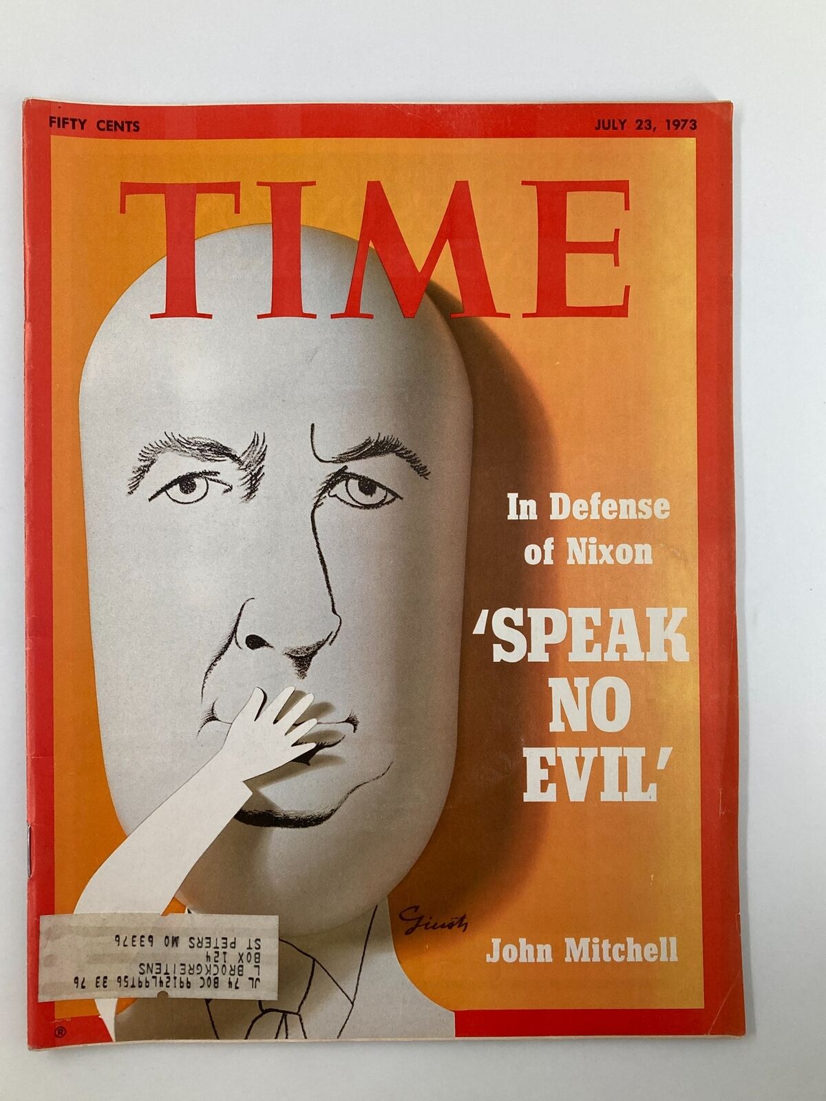 Vintage Time Magazine from July 23, 1973, featuring Richard Nixon on the cover with the title 'Speak No Evil.' The magazine showcases a unique design and illustrates the political atmosphere of the era.