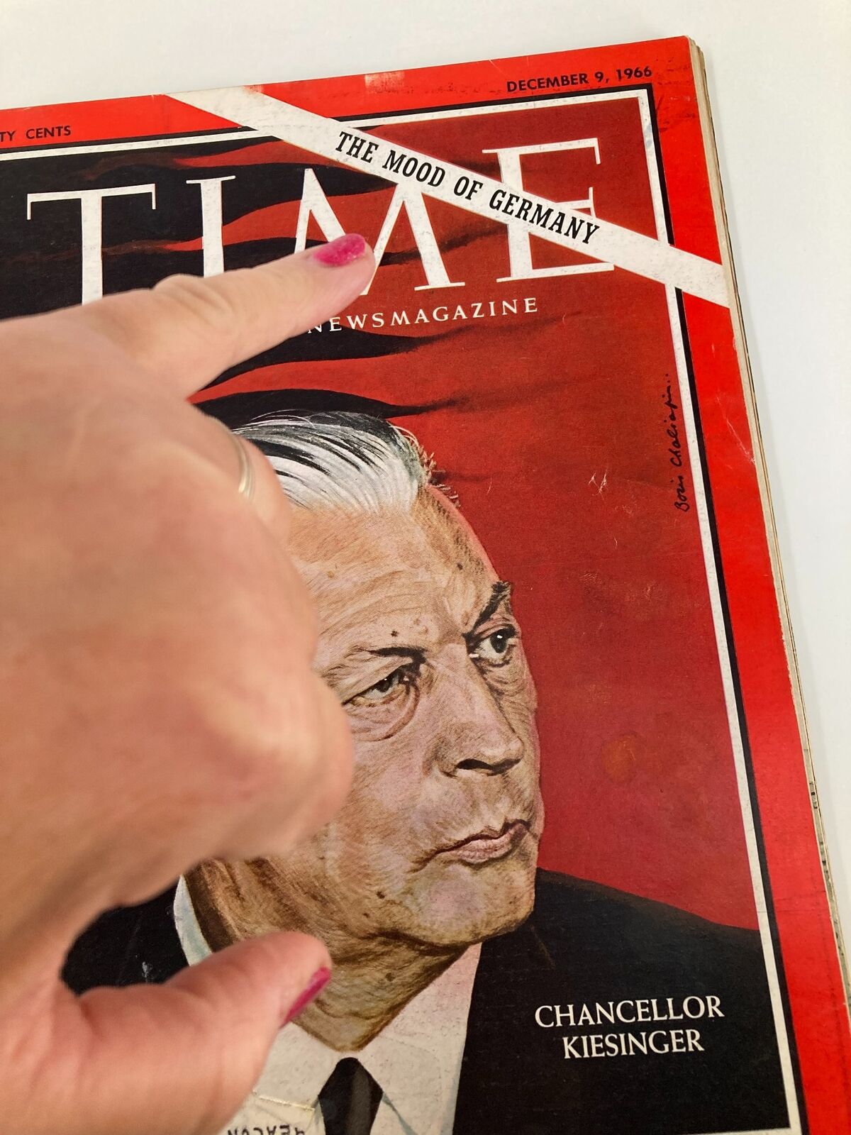 Close-up of the VTG Time Magazine December 9 1966 cover highlighting Chancellor Kiesinger of Germany, with visible wear and a focus on the magazine's title and date.