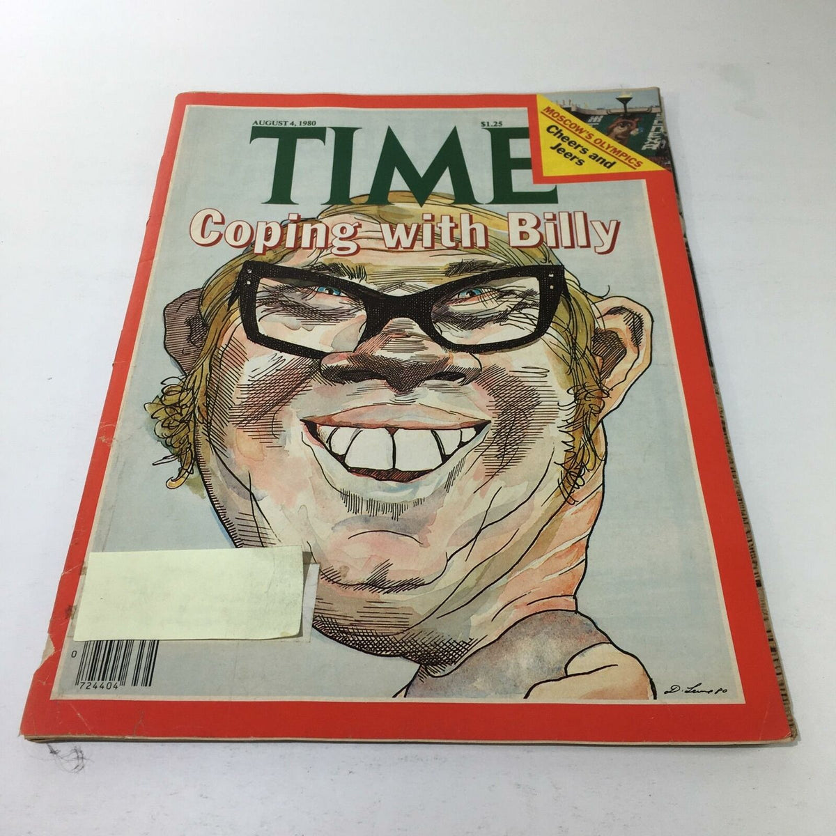 Vintage Time Magazine from August 4, 1980, featuring the cover story 'Coping with Billy,' showcasing a caricature of a man with glasses and a big smile, perfect for collectors and history enthusiasts.