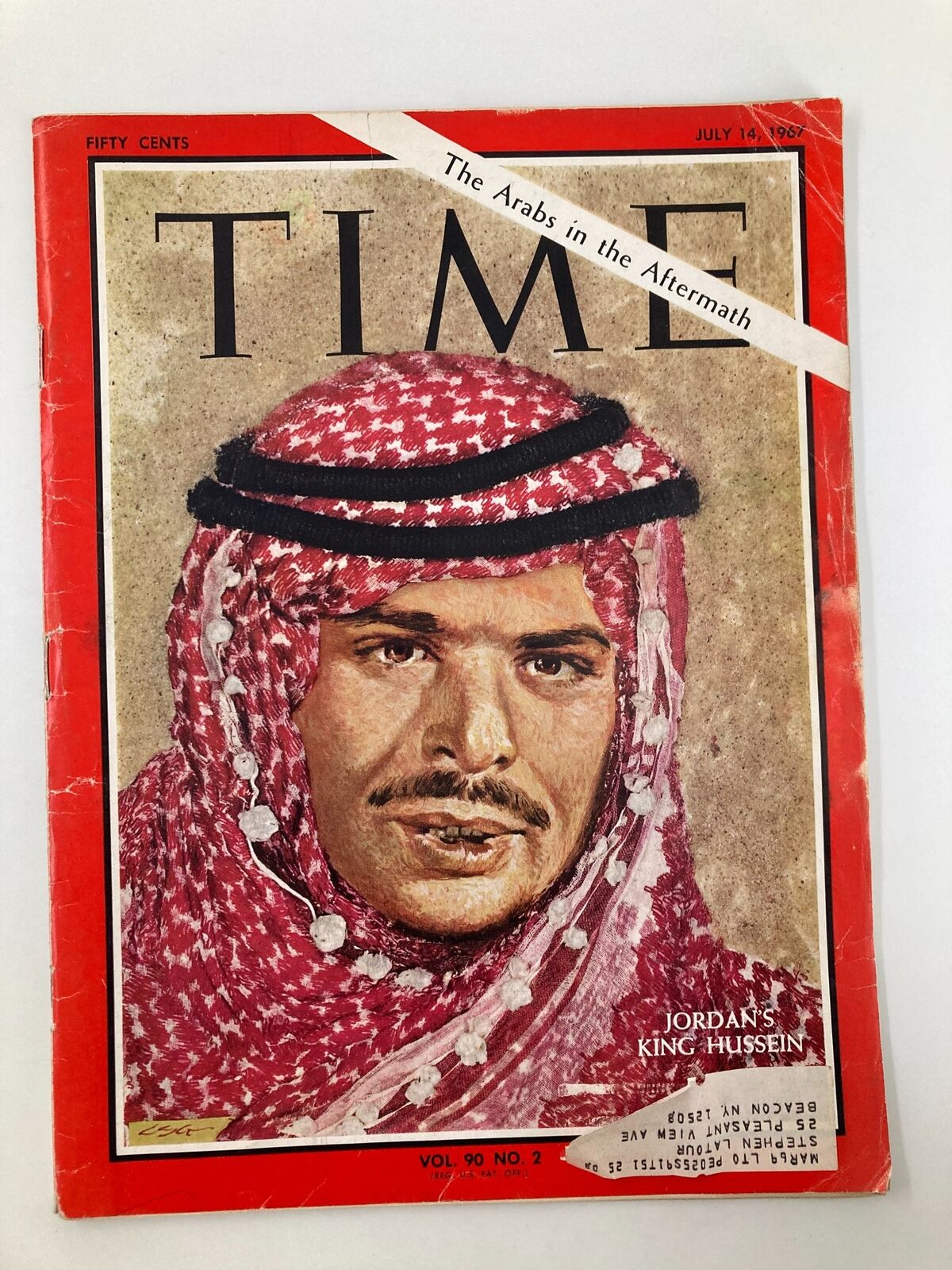 VTG Time Magazine cover from July 14, 1967 featuring Jordan's King Hussein with the headline 'The Arabs in the Aftermath'. This collectible issue, Volume 90, Number 2, captures a pivotal moment in Middle Eastern history.