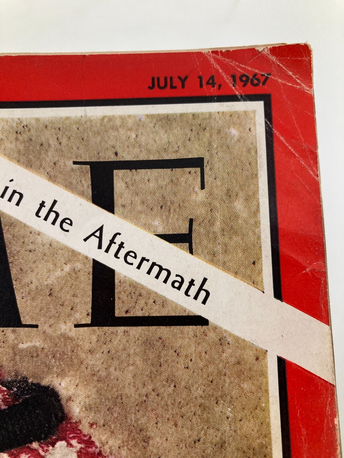 Top corner detail of the vintage Time Magazine from July 14, 1967, featuring the publication date and the title 'The Arabs in the Aftermath', Volume 90, Number 2.