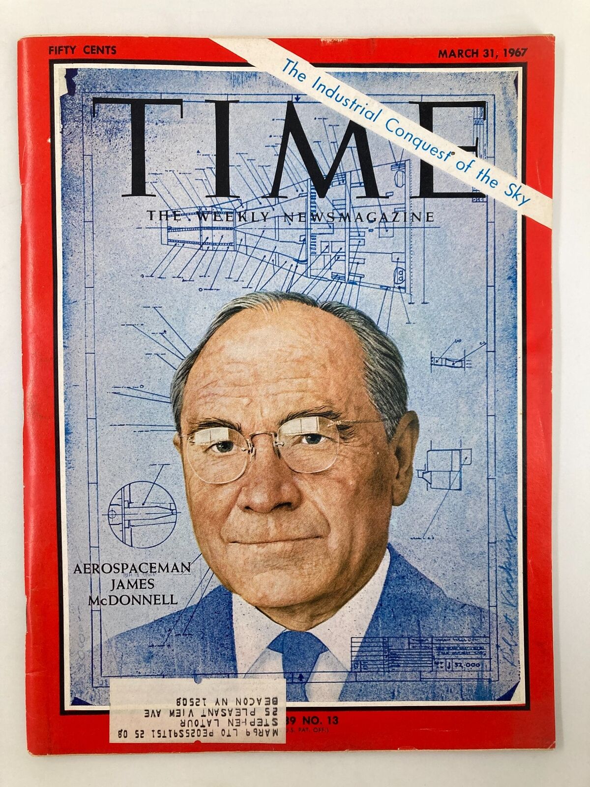 Vintage Time Magazine cover from March 31, 1967, featuring Aerospaceman James McDonnell, showcasing aerospace designs and innovations.