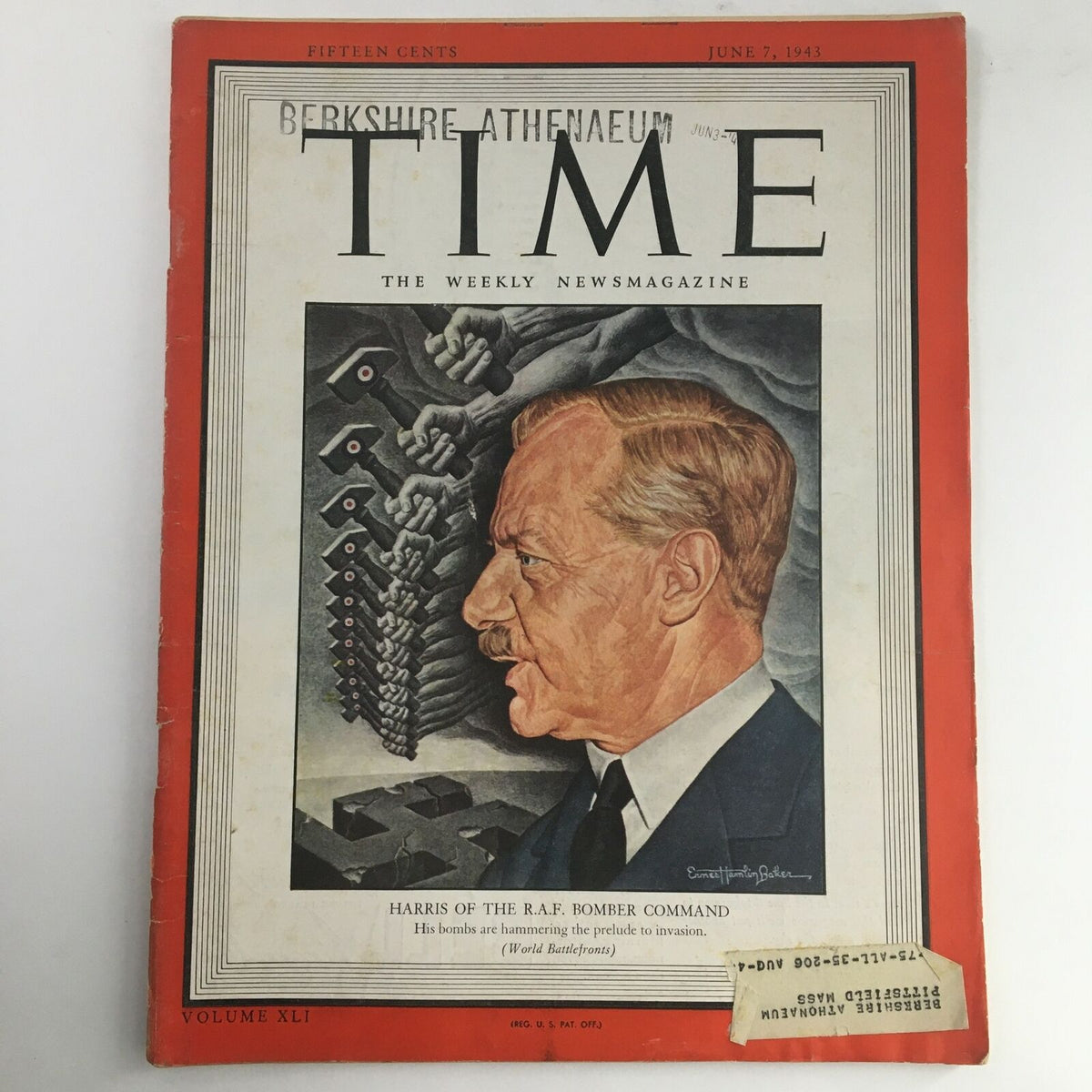 Time Magazine cover from June 7, 1943 featuring Marshal Sir Arthur Harris, 1st Baronet, of the Royal Air Force. The cover highlights his impact on WWII, showcasing a portrait alongside imagery of bombing tactics.