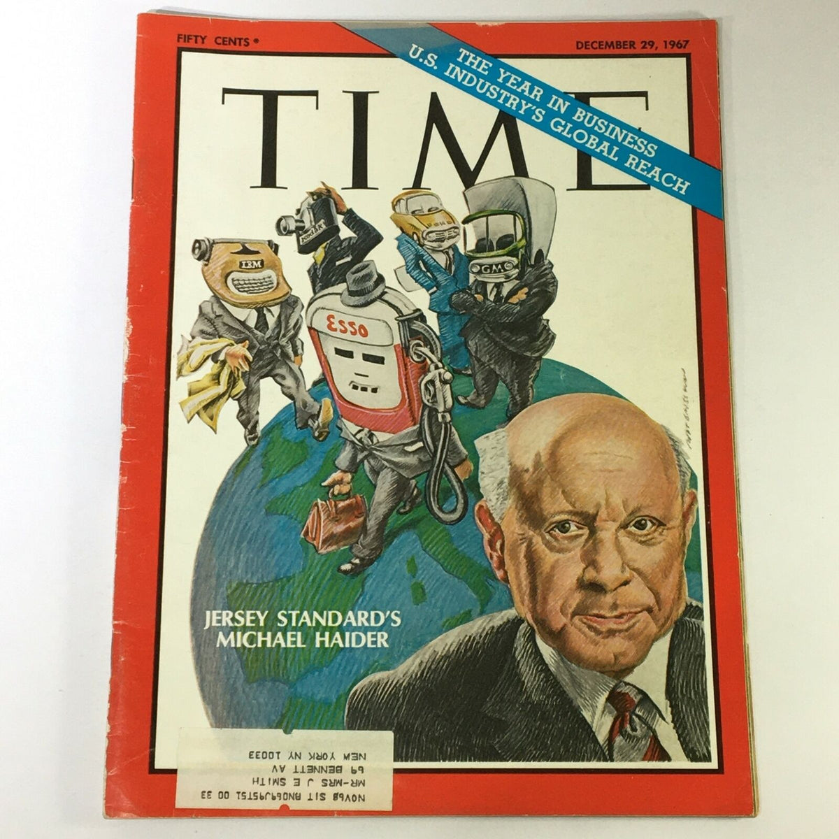 VTG Time Magazine cover from December 29, 1967, featuring a portrait of Michael Haider from Jersey Standard, surrounded by illustrated characters symbolizing business and industry.
