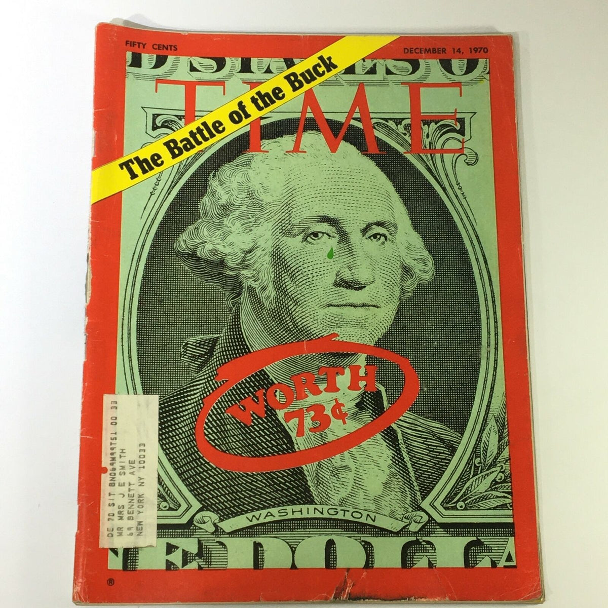 Vintage Time Magazine from December 14, 1970, featuring the cover story "The Battle of the Buck Worth 73 Cents" with a portrait of George Washington and eye-catching red graphics.