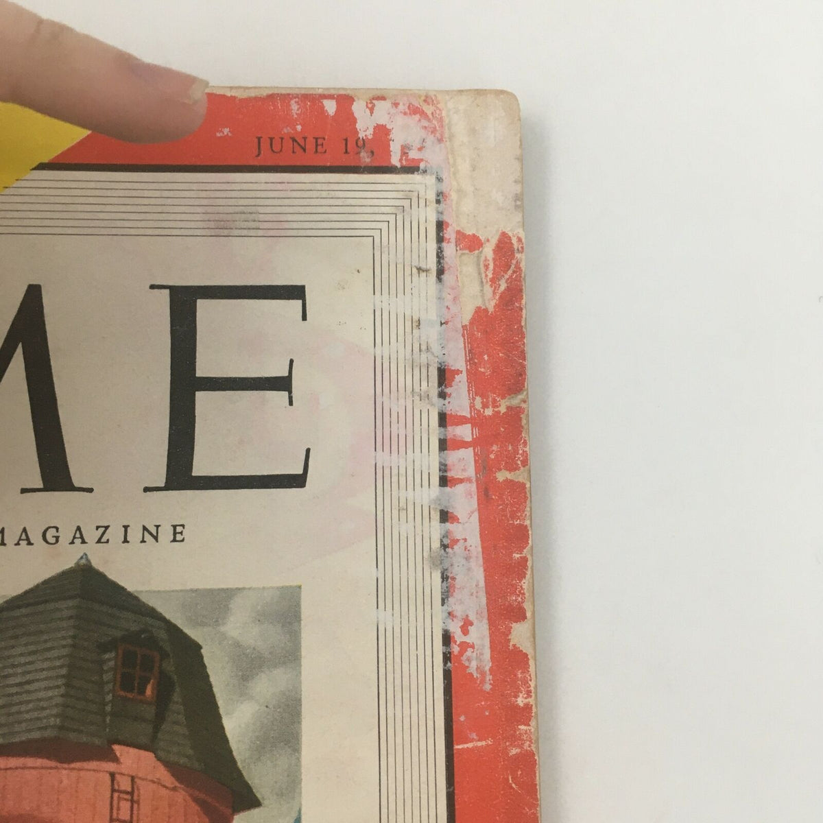 Close-up of the top corner of the VTG Time Magazine June 19 1950 showing the magazine title and date, depicting wear and vintage character.