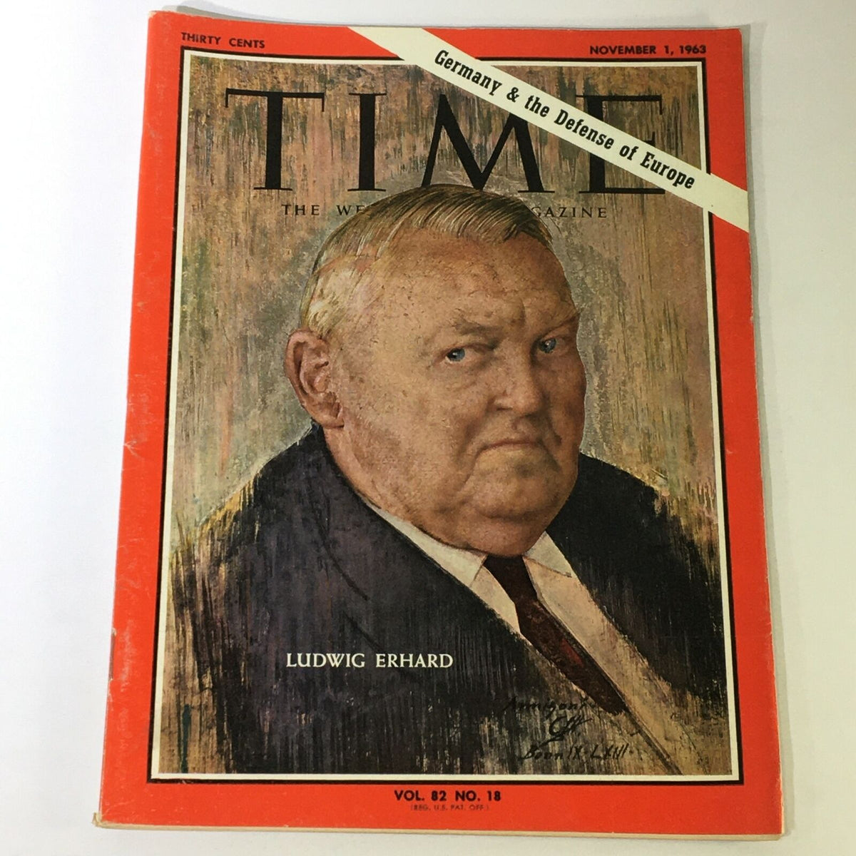 Cover of VTG Time Magazine from November 1, 1963 featuring Ludwig Erhard, with the headline 'Germany & the Defense of Europe', showcasing a vintage portrait style.