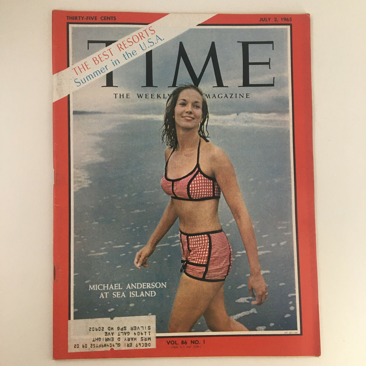 Time Magazine, July 2, 1965, Vol. 86 No. 1, featuring Michael Anderson at Sea Island on the cover, showcasing a vintage beach lifestyle in the 1960s.