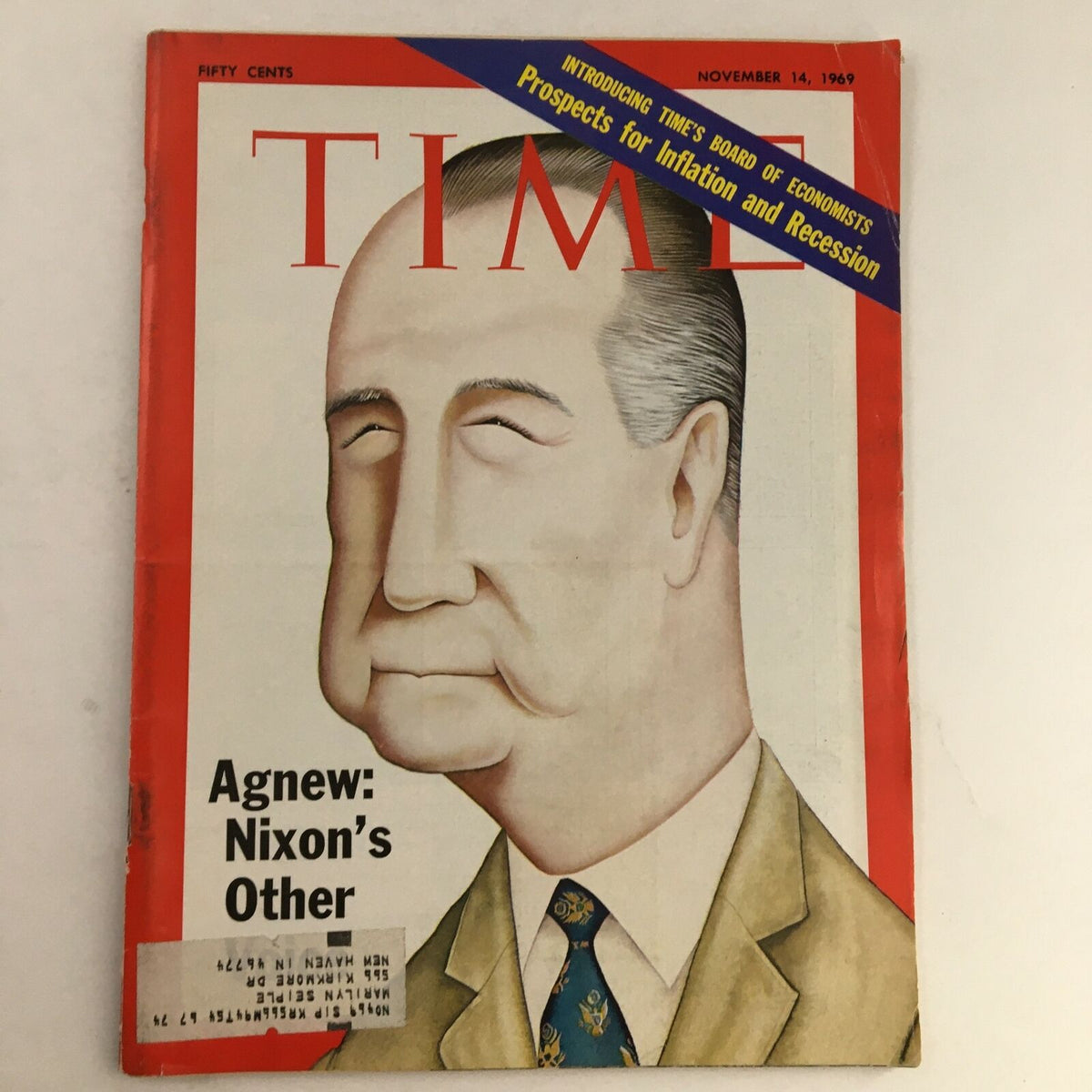 Cover of Time Magazine from November 14, 1969 featuring Spiro Agnew and the title 'Prospects for Inflation and Recession'. The magazine showcases a stylized illustration of Agnew with an address label visible on the front.