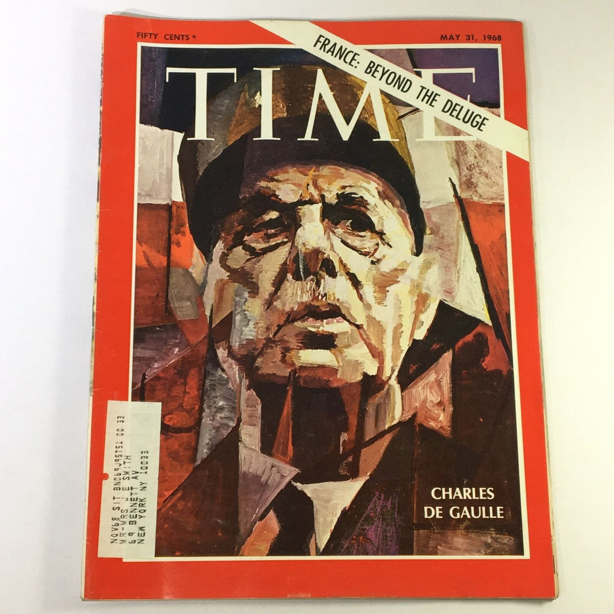 Vintage Time Magazine cover from May 31, 1968, featuring Charles de Gaulle with the title 'France: Beyond The Deluge.' A historical collectible item showcasing French culture during political upheaval.