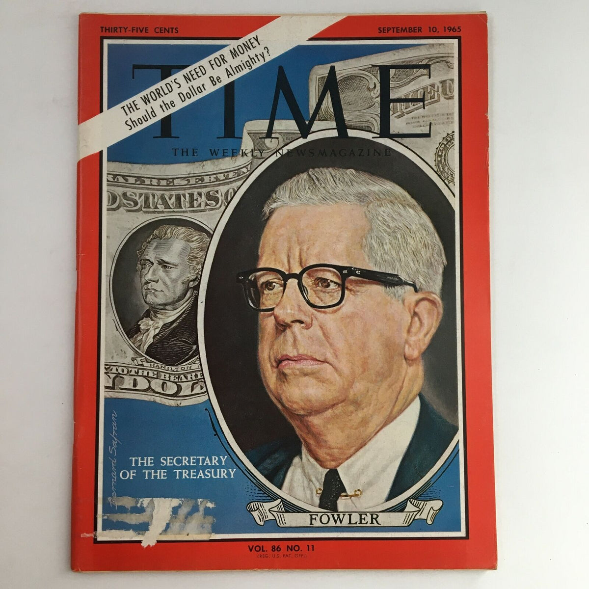 Cover of Time Magazine from September 10, 1965, featuring Secretary of Treasury Henry H. Fowler, Volume 86 Number 11, showcasing financial themes and historical context.