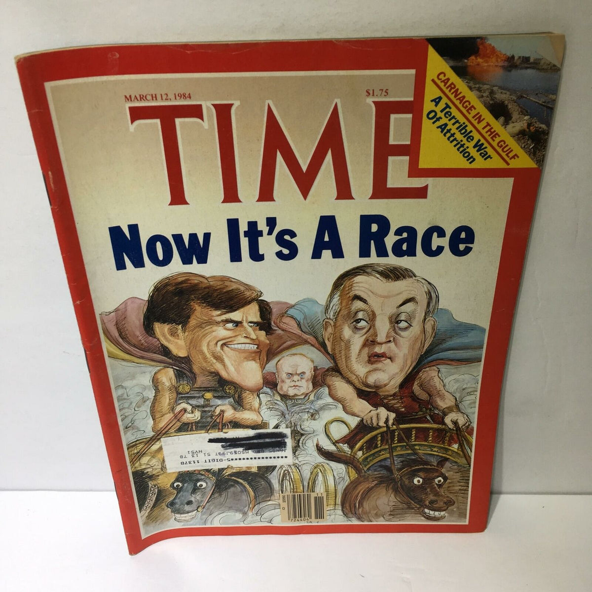Cover of Time Magazine from March 12, 1984, titled 'Now It's A Race', featuring a caricature of two politicians in a competitive scene.